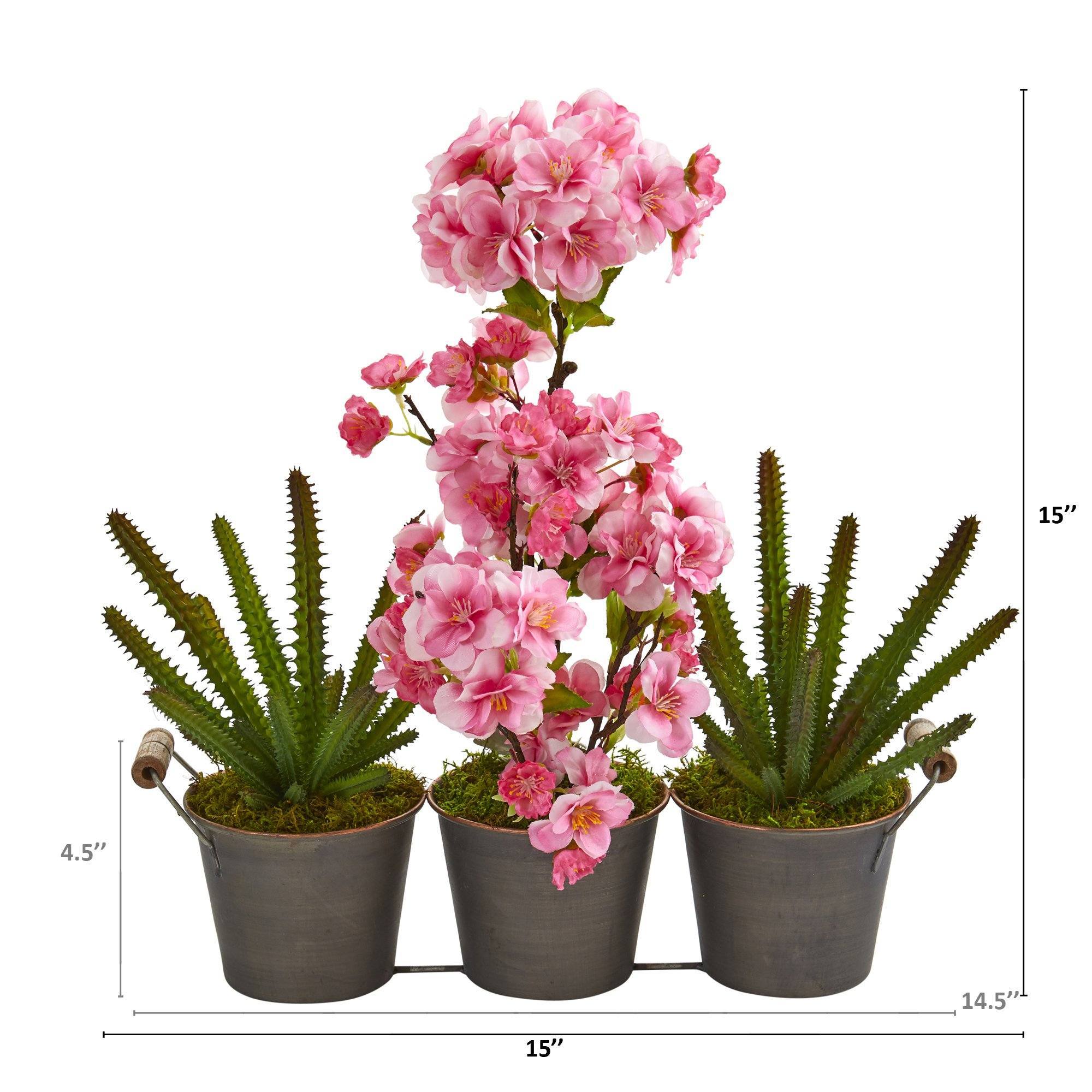 15” Cherry Blossom and Cactus Artificial Arrangement in Trio Metal Vase
