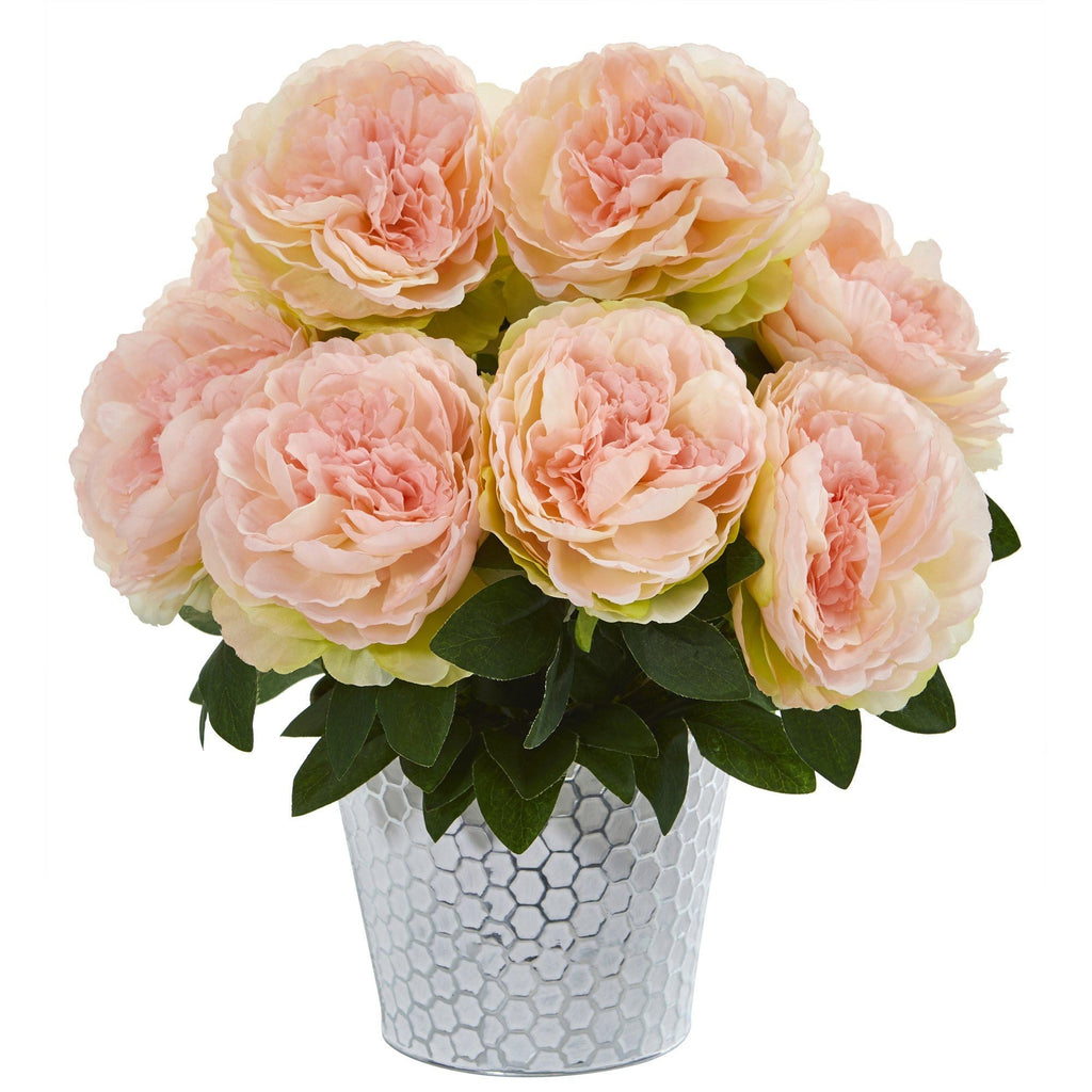 15” Peony Artificial Arrangement in Embossed White Vase