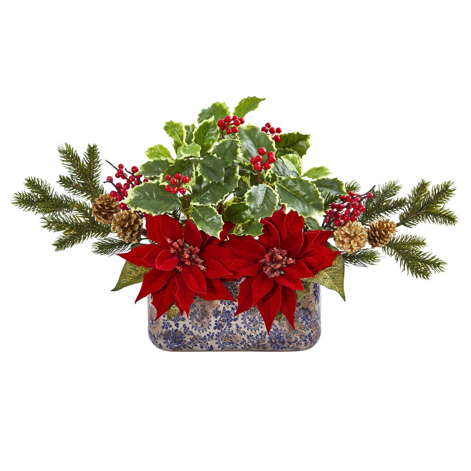 15" Poinsettia, Berry and Holly Artificial Arrangement in Vase"