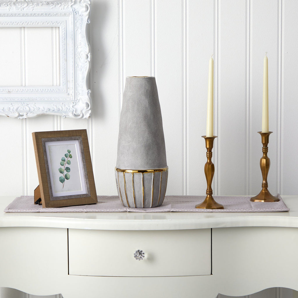 15” Regal Stone Decorative Vase with Gold Accents