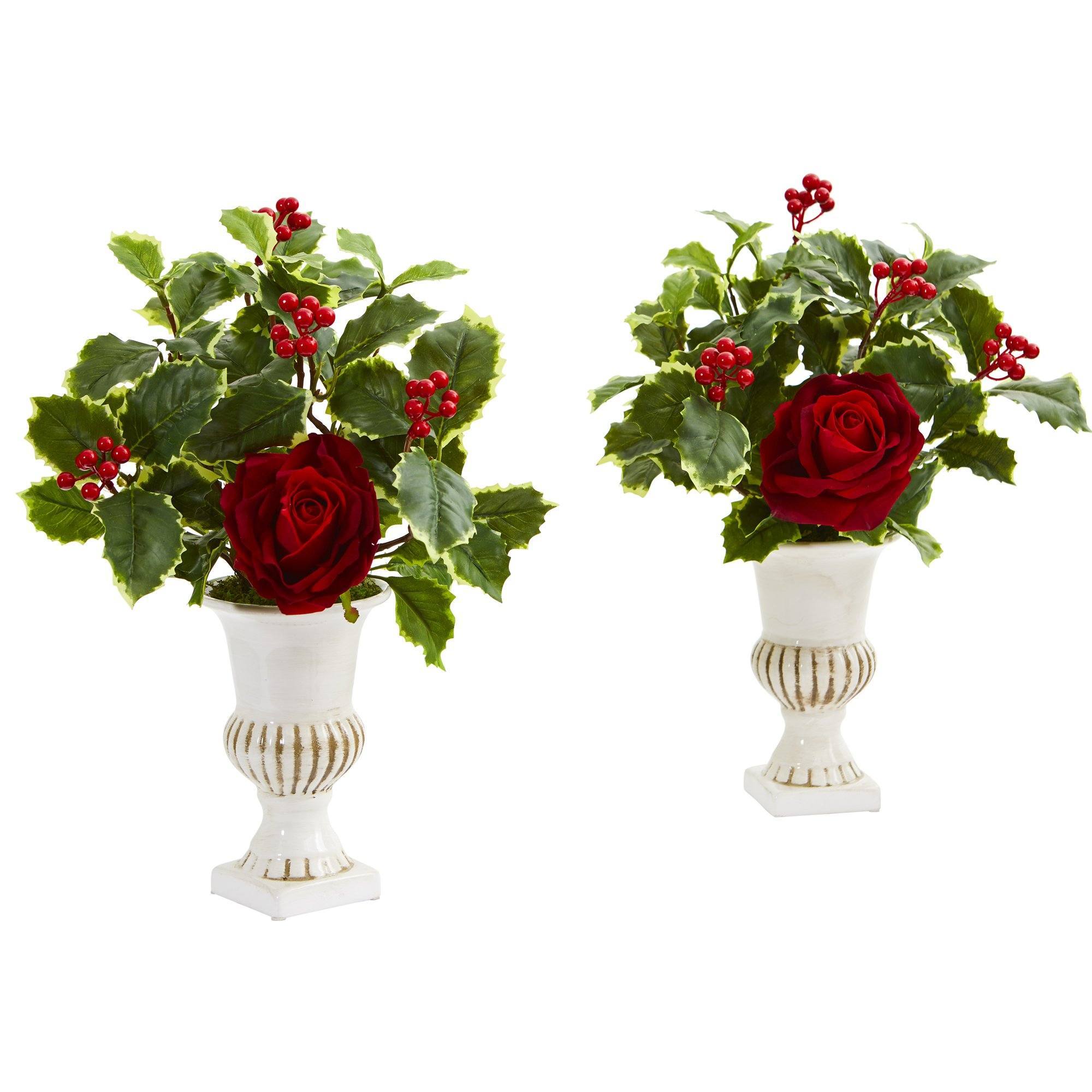 15” Rose and Holly Leaf Artificial Arrangement in White Urn (Set of 2)