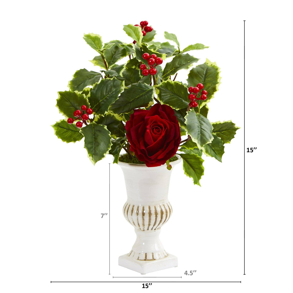15” Rose and Holly Leaf Artificial Arrangement in White Urn (Set of 2)