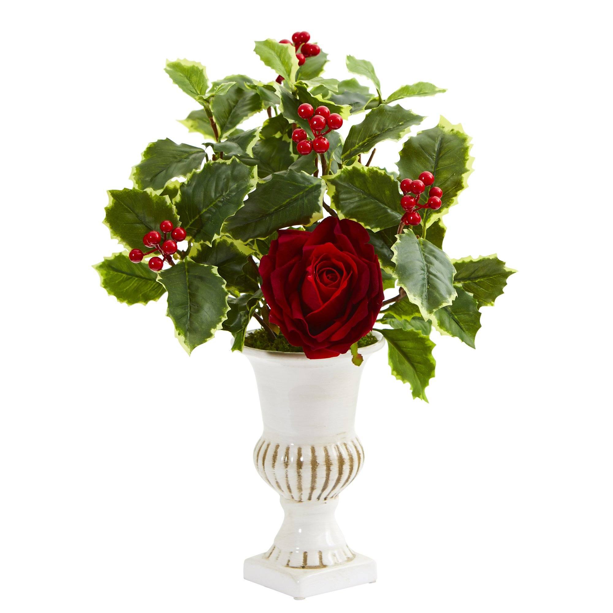 15” Rose and Holly Leaf Artificial Arrangement in White Urn (Set of 2)