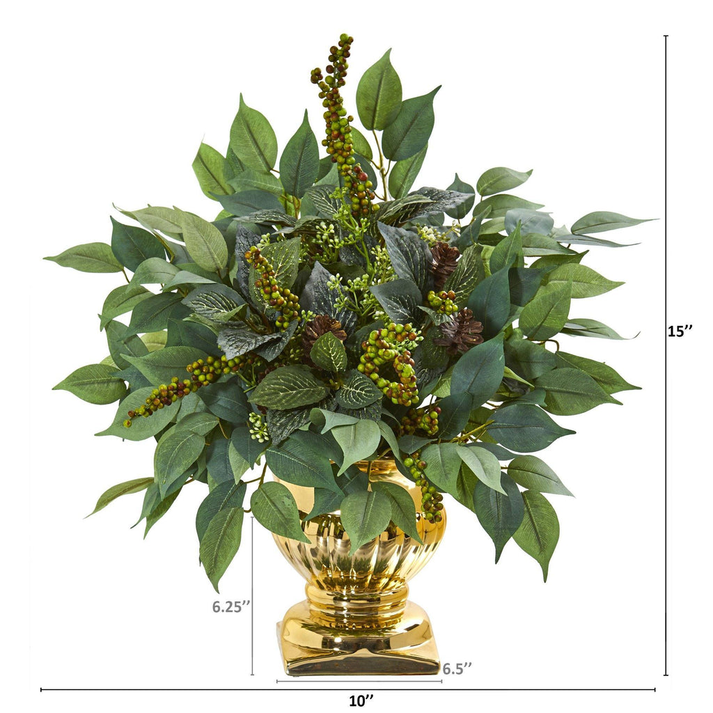 15” Royal Ficus and Fittonia Artificial Plant in Gold Urn