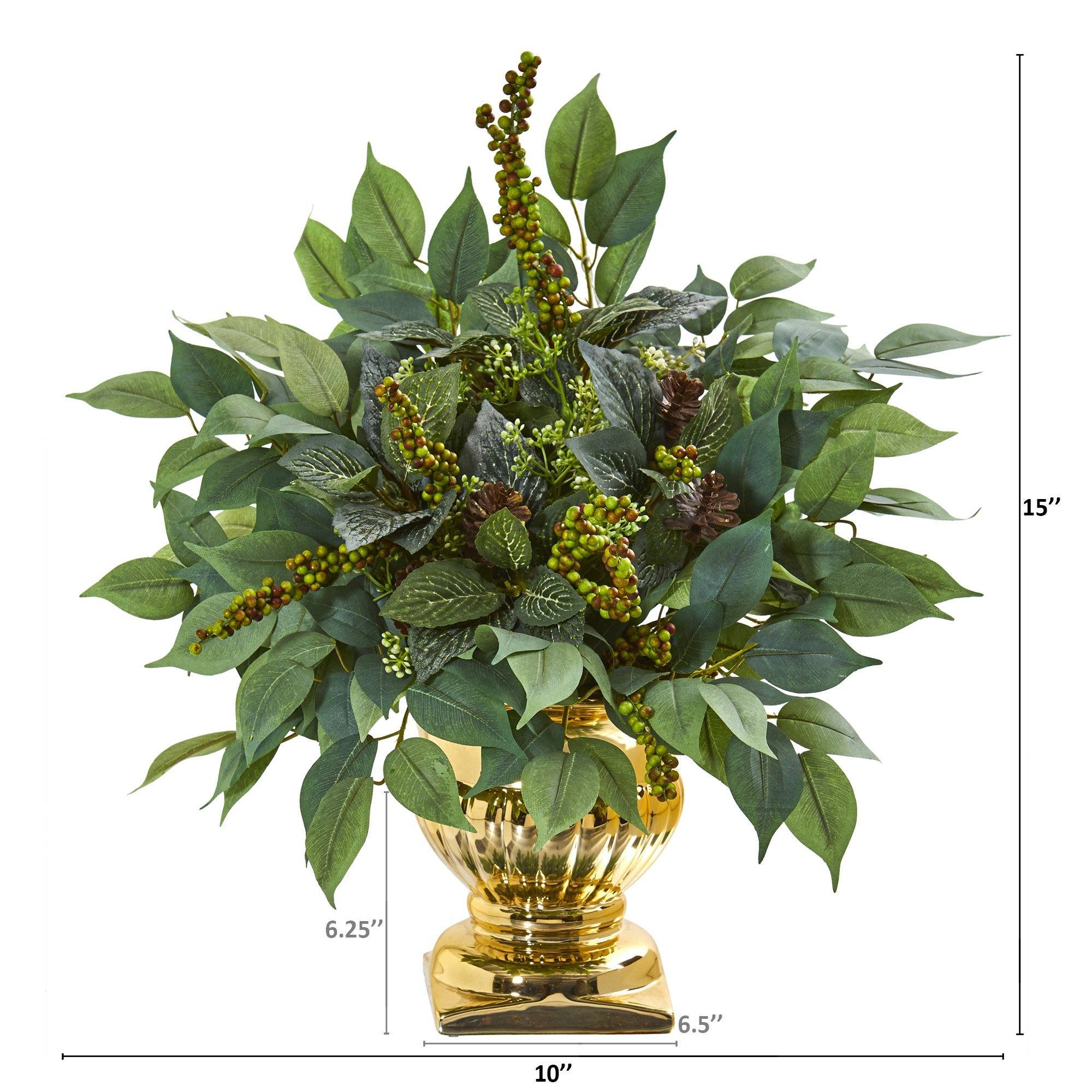 15” Royal Ficus and Fittonia Artificial Plant in Gold Urn