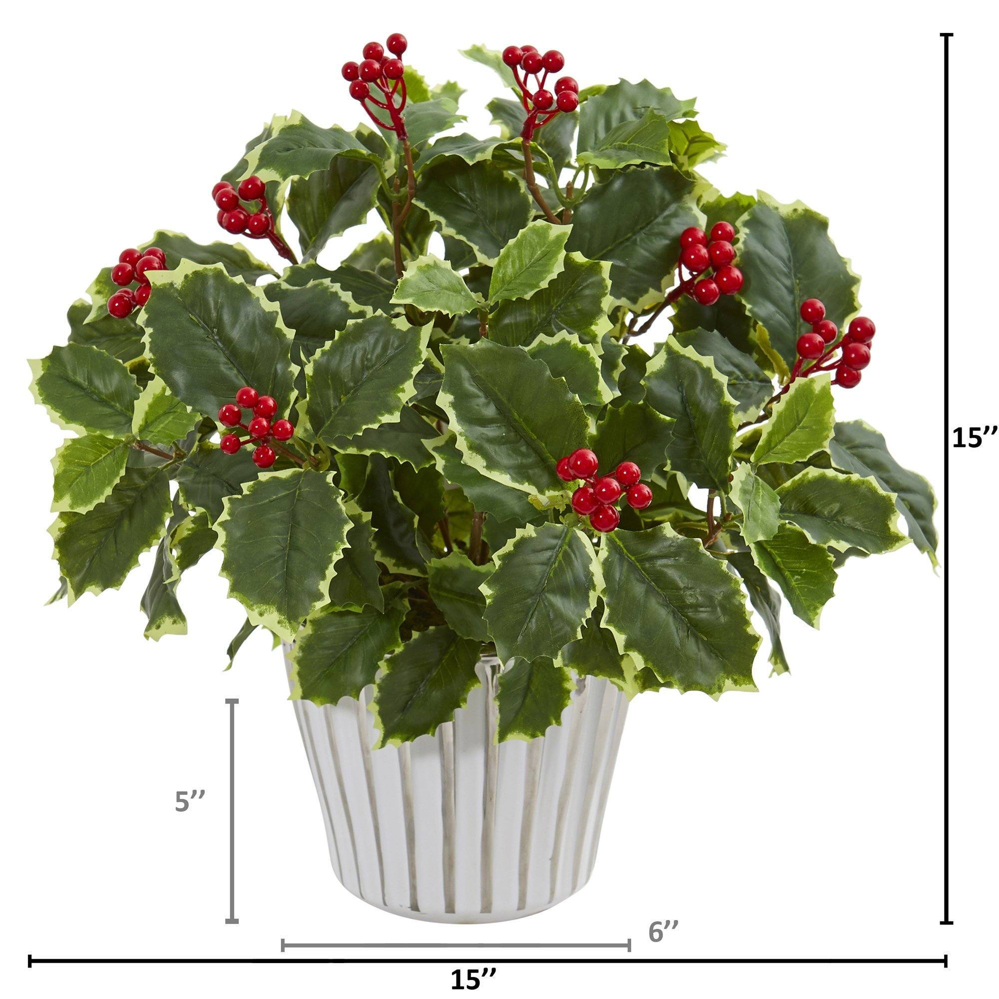 15” Variegated Holly Leaf Artificial Plant in White Vase (Real Touch)