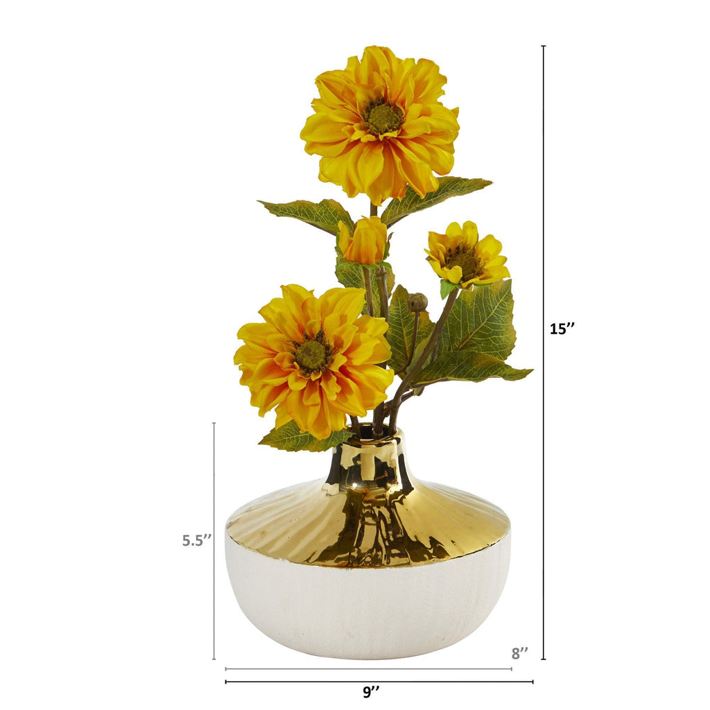 15” Zinnia Arrangement in Gold and Cream Elegant Vase