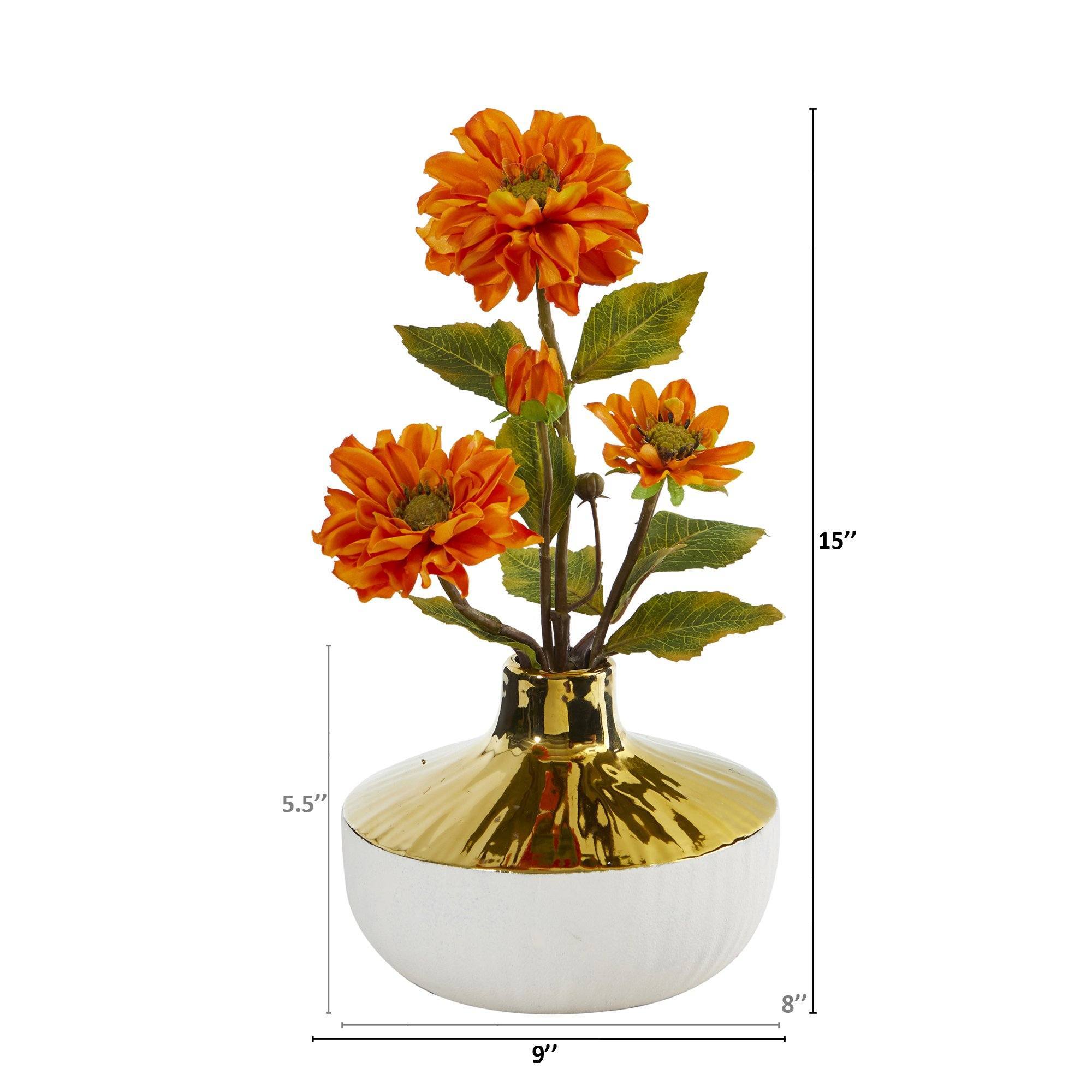 15” Zinnia Arrangement in Gold and Cream Elegant Vase