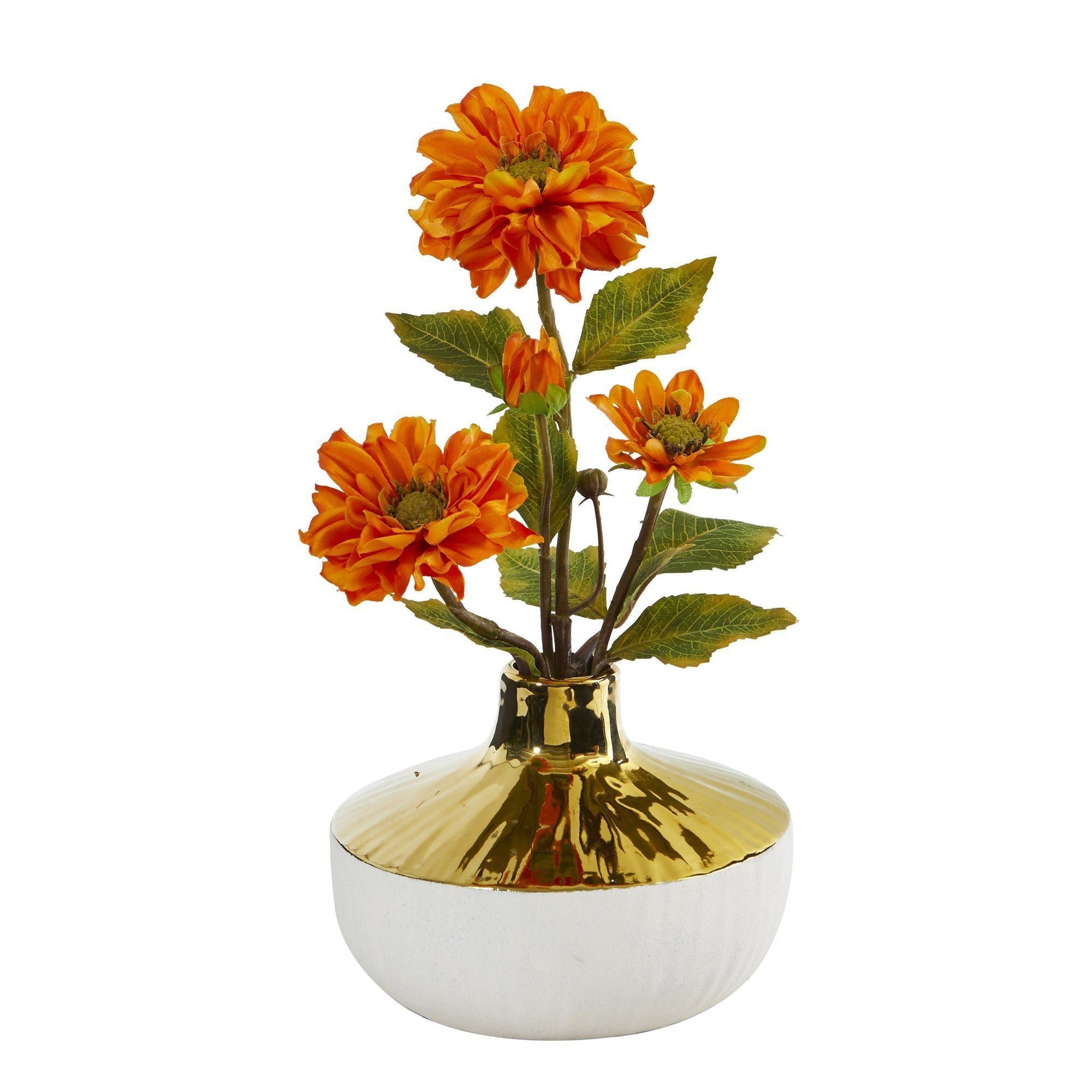 15” Zinnia Arrangement in Gold and Cream Elegant Vase
