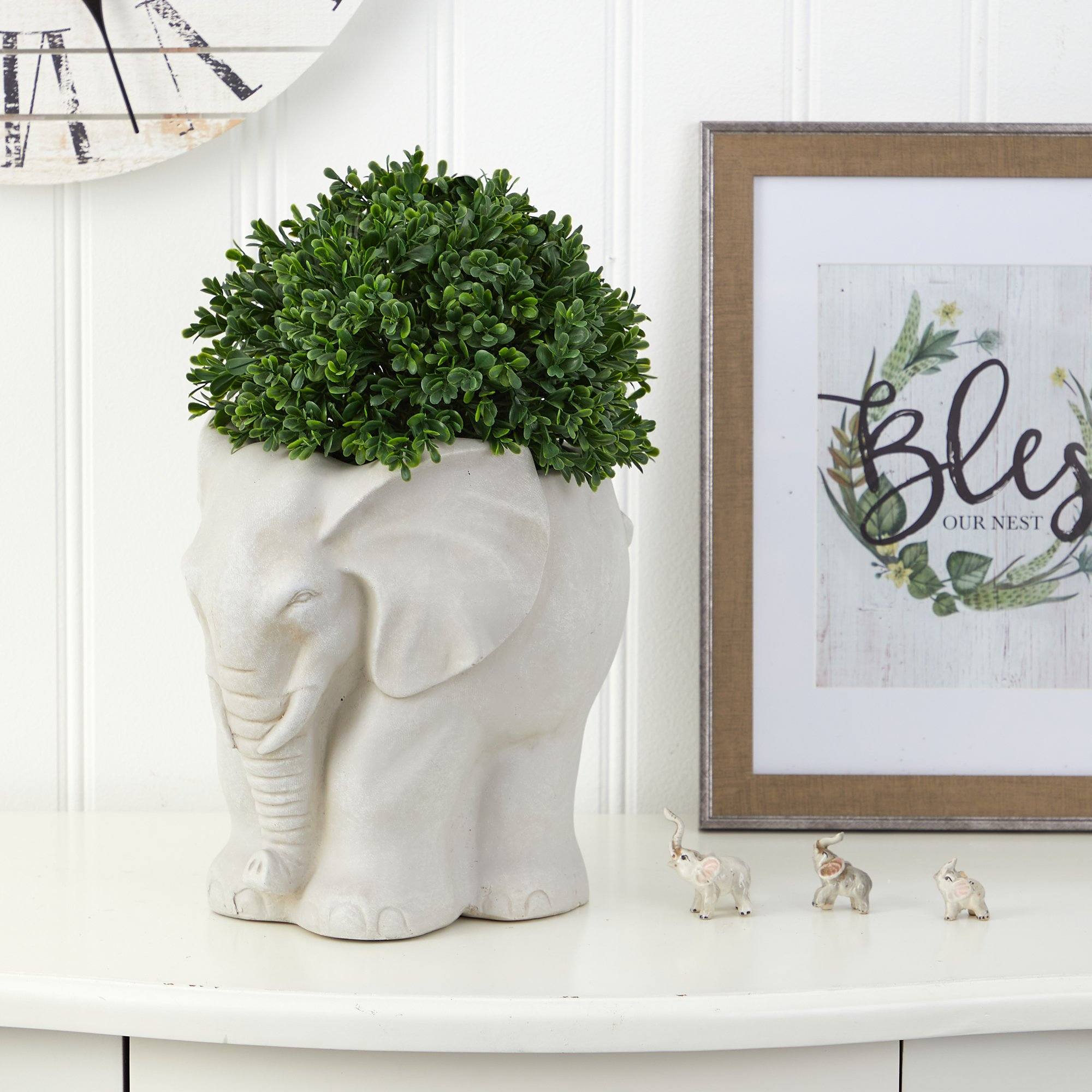 16” Boxwood Topiary Artificial Plant in Elephant Shaped Planter (Indoor/Outdoor)