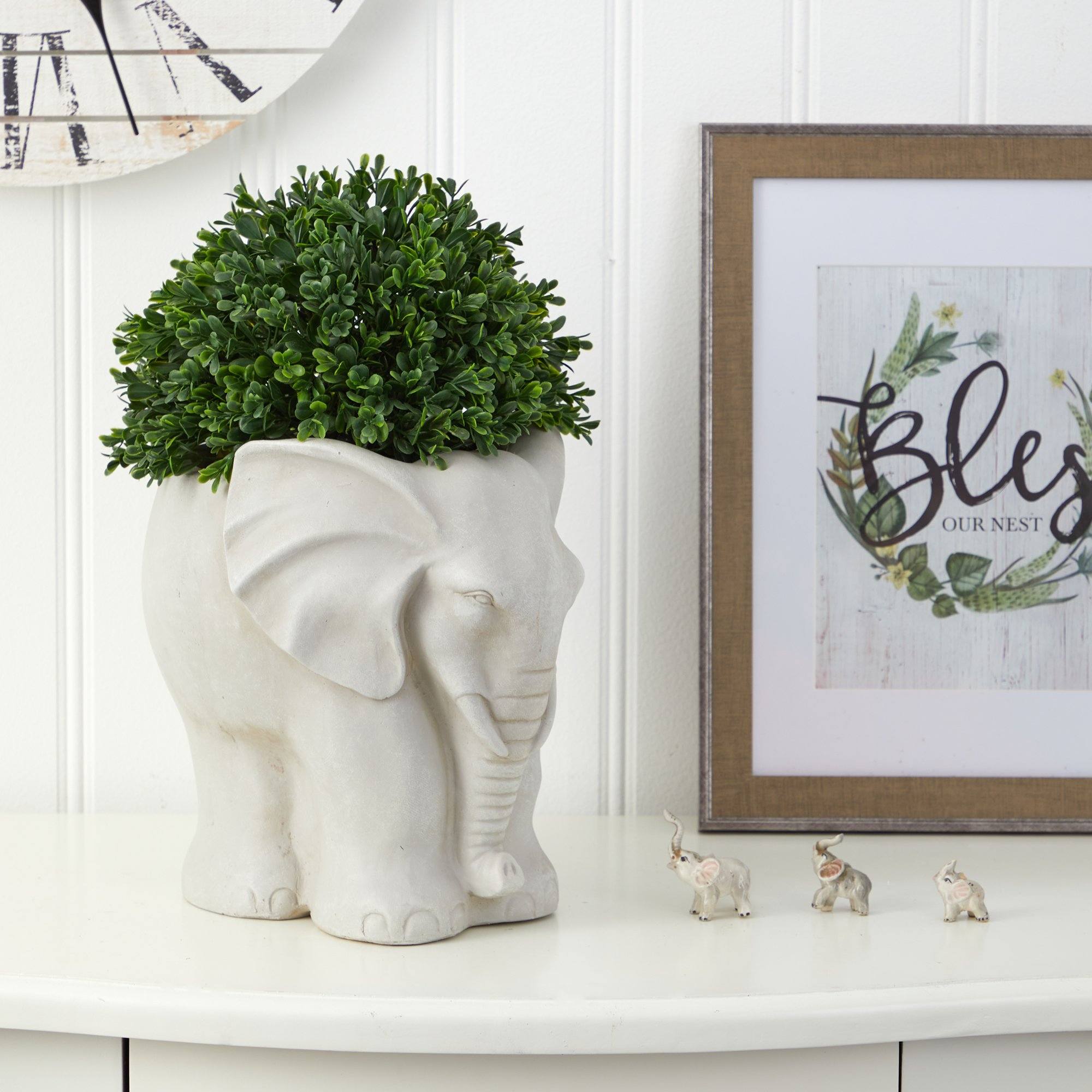 16” Boxwood Topiary Artificial Plant in Elephant Shaped Planter (Indoor/Outdoor)