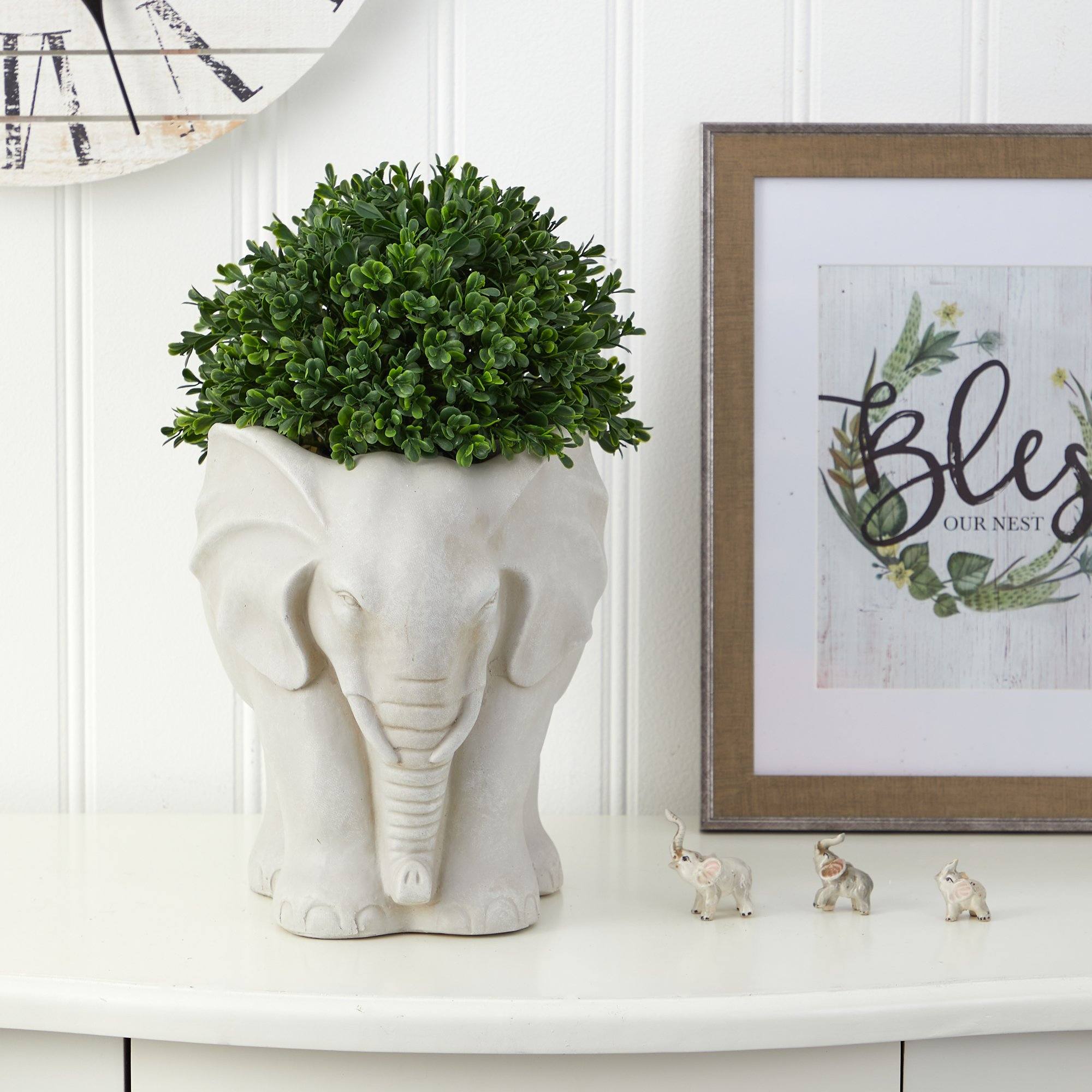 16” Boxwood Topiary Artificial Plant in Elephant Shaped Planter (Indoor/Outdoor)