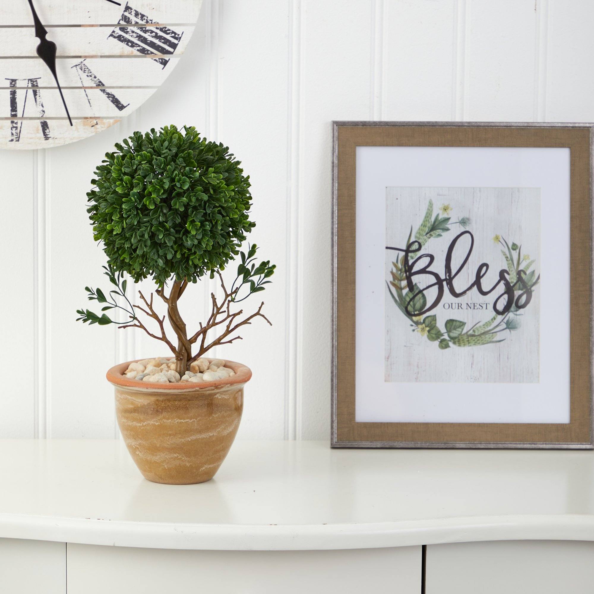 16” Boxwood Topiary Artificial Tree in Ceramic Planter  (Indoor/Outdoor)