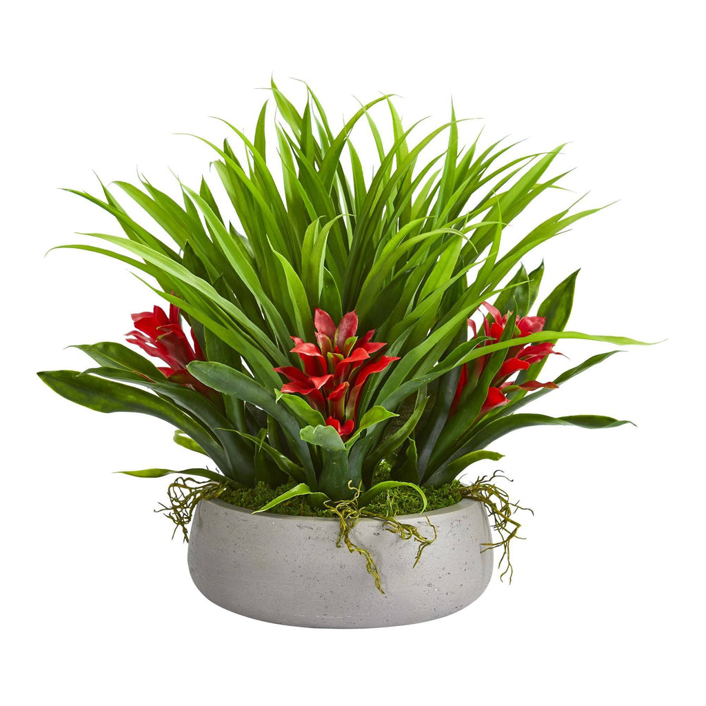 16” Bromeliad & Grass Artificial Plant in Ceramic Vase