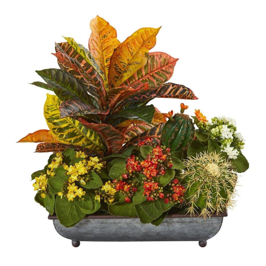 16” Croton, Kalanchoe and Cactus Artificial Plant in in Metal Tray