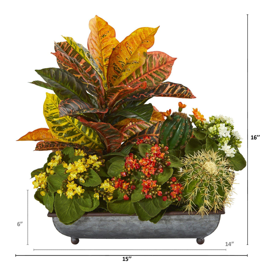 16” Croton, Kalanchoe and Cactus Artificial Plant in in Metal Tray