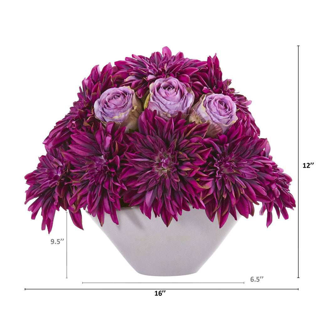 16” Dahlia and Rose Artificial Arrangement in Gray Vase