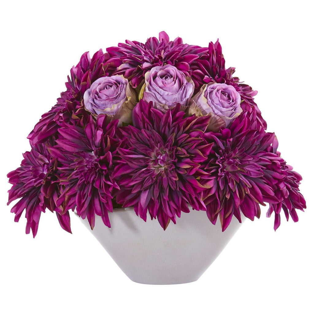 16” Dahlia and Rose Artificial Arrangement in Gray Vase