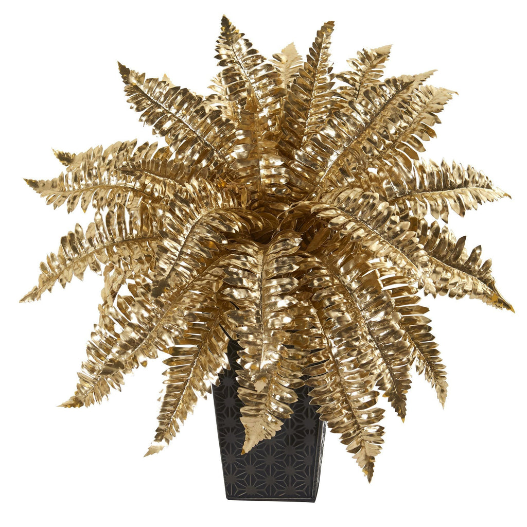 16” Golden Boston Fern Artificial Plant in Embossed Black Planter