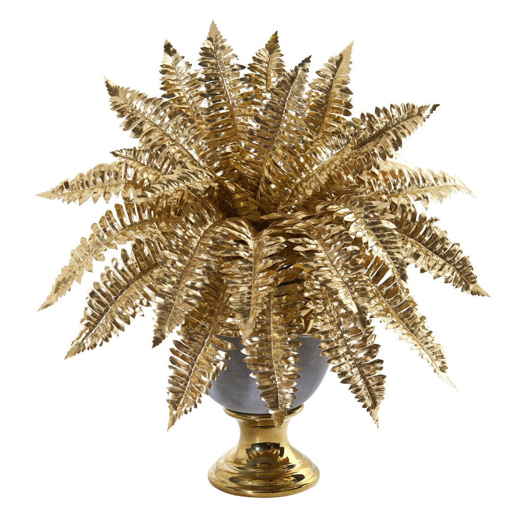 16” Golden Boston Fern Artificial Plant in Stoneware Urn with Gold Trimming