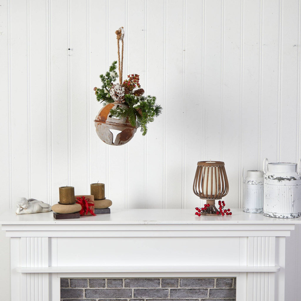 16” Holiday Christmas Jumbo Metal Bell Ornament with Artificial Holly, Berries and Pine