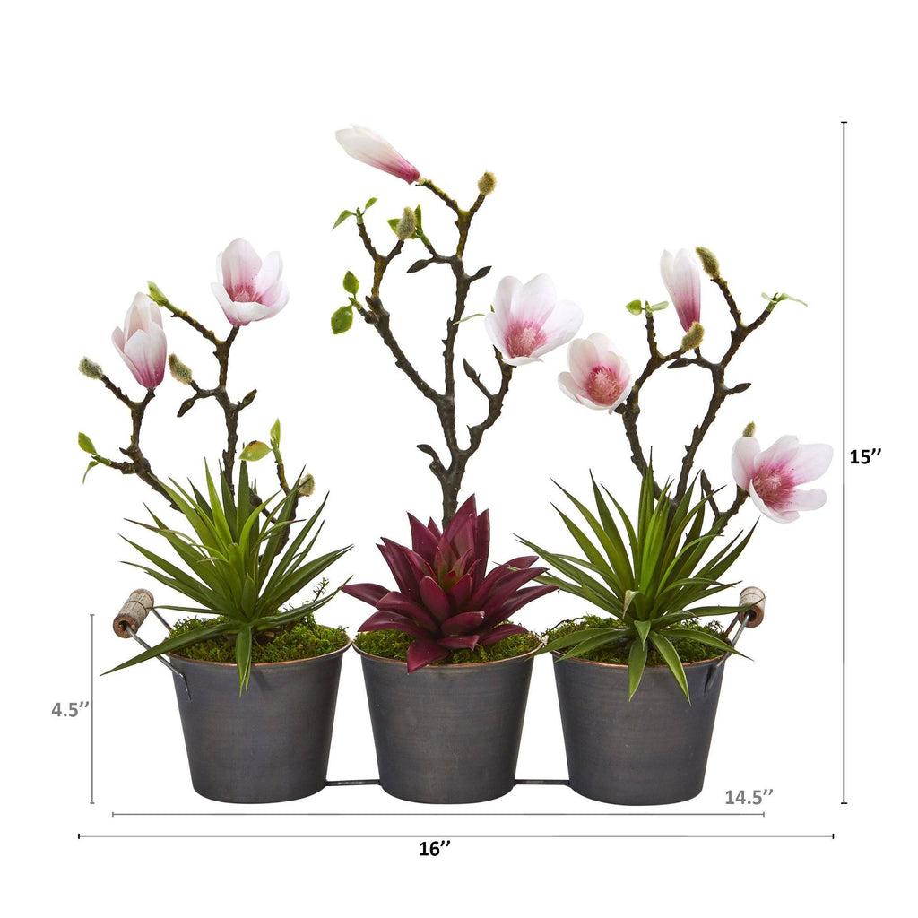 16” Magnolia and Succulent Artificial Arrangement in Trio Metal Planter