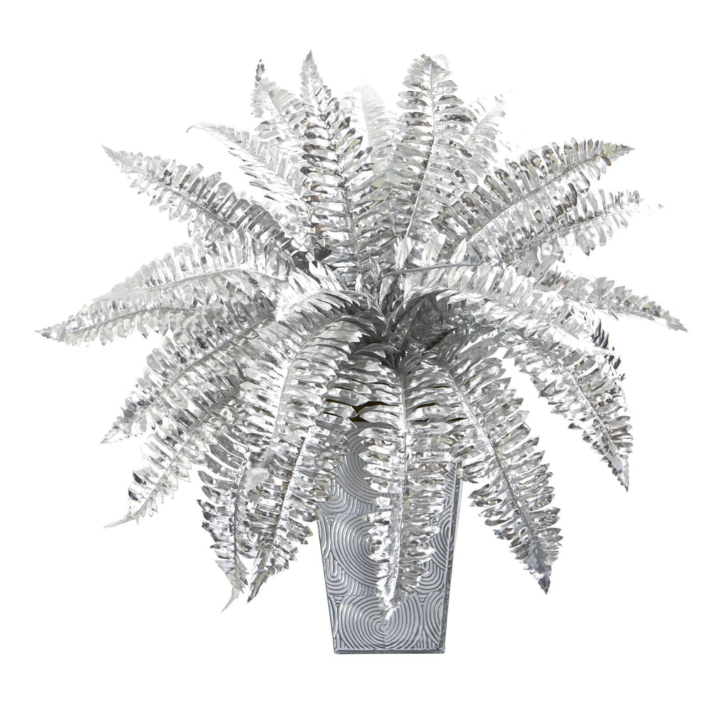 16” Metallic Silver Boston Fern Artificial Plant in Embossed White Planter