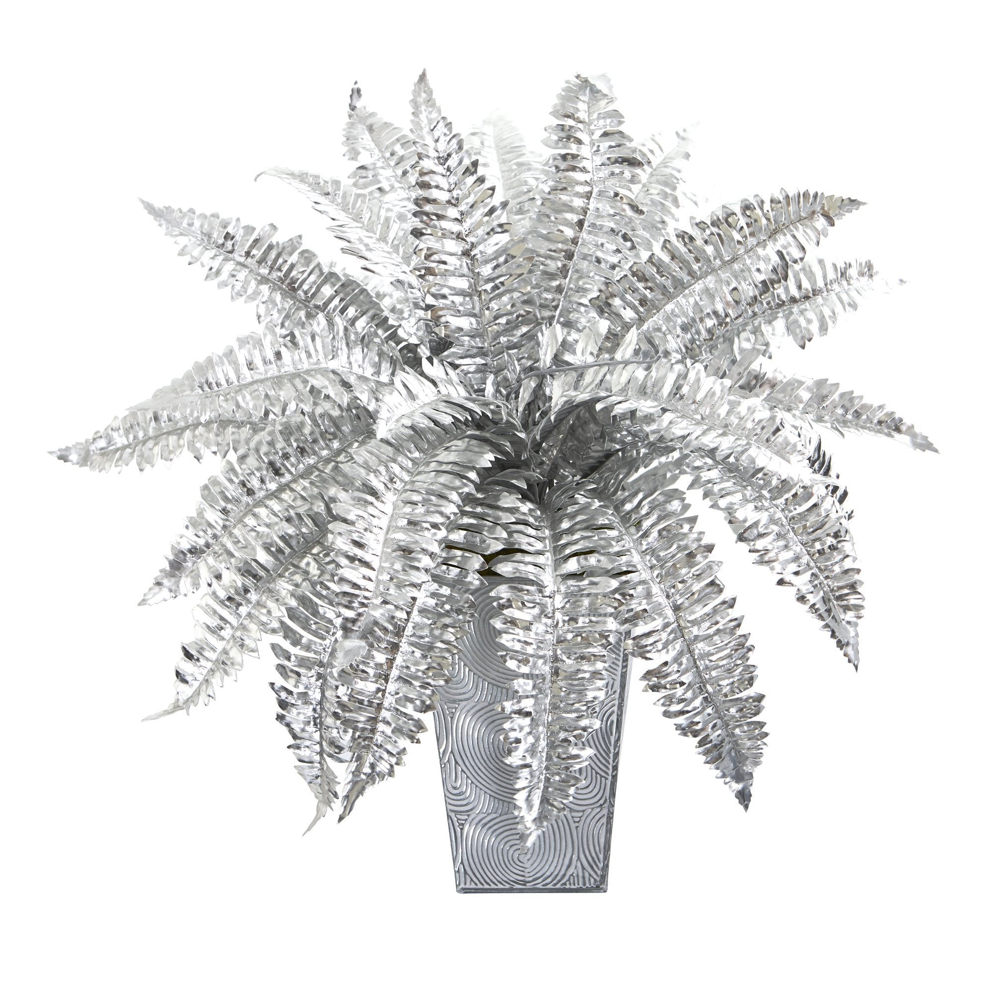 16” Metallic Silver Boston Fern Artificial Plant in Embossed White Planter