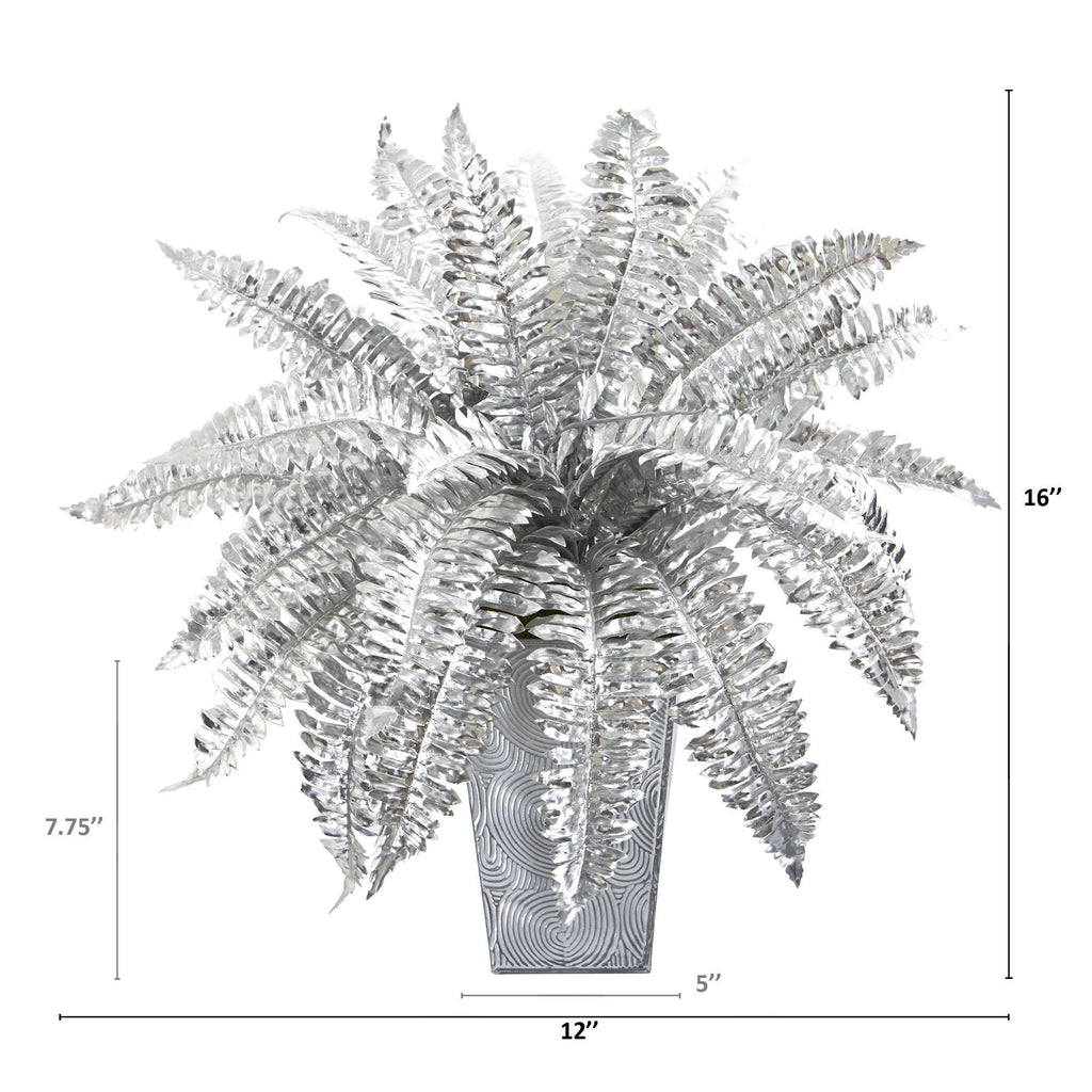 16” Metallic Silver Boston Fern Artificial Plant in Embossed White Planter