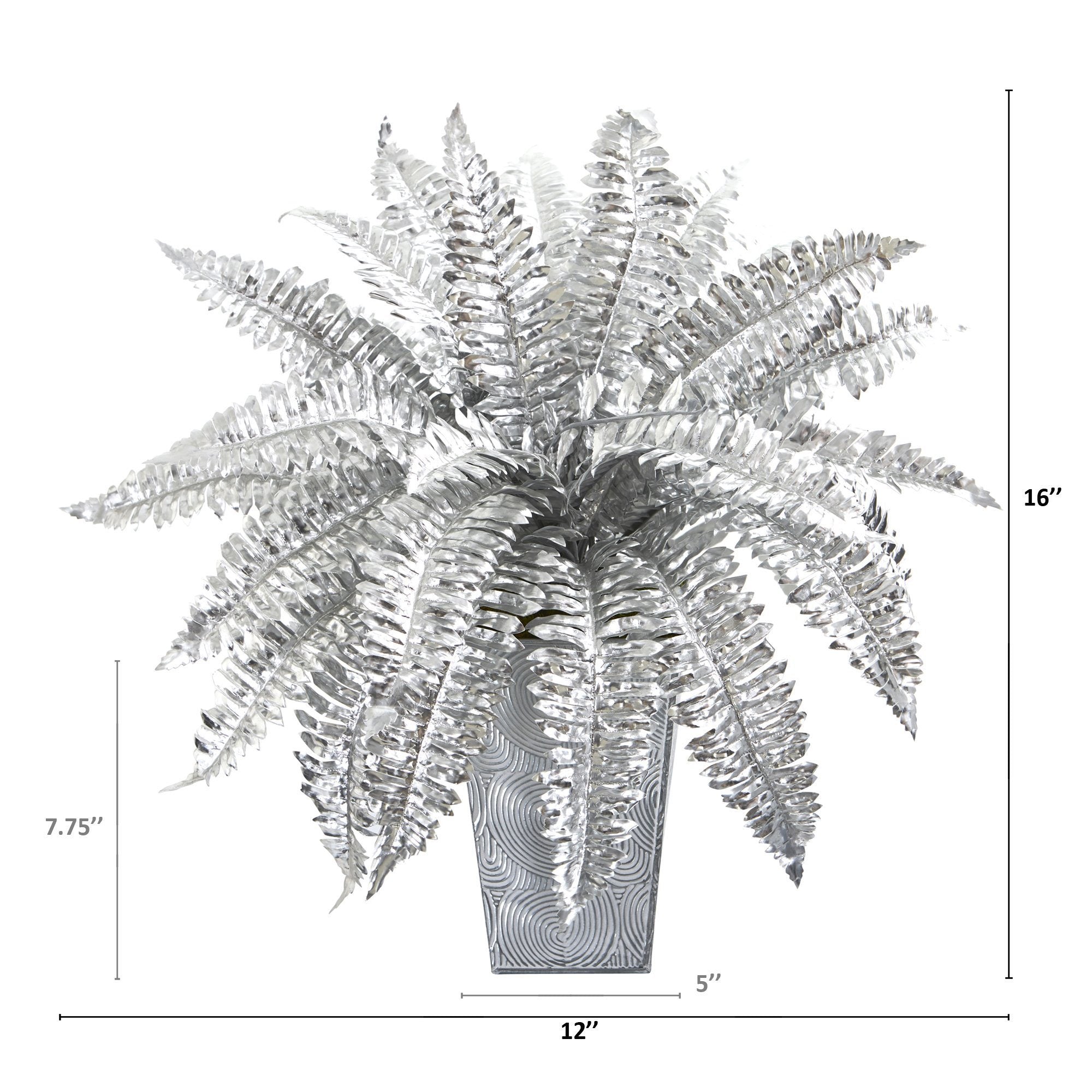 16” Metallic Silver Boston Fern Artificial Plant in Embossed White Planter
