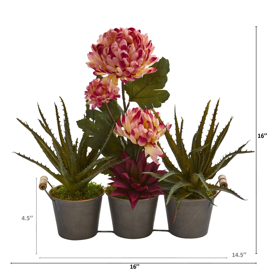 16” Mum and Succulent Artificial Arrangement in Trio Metal Planter