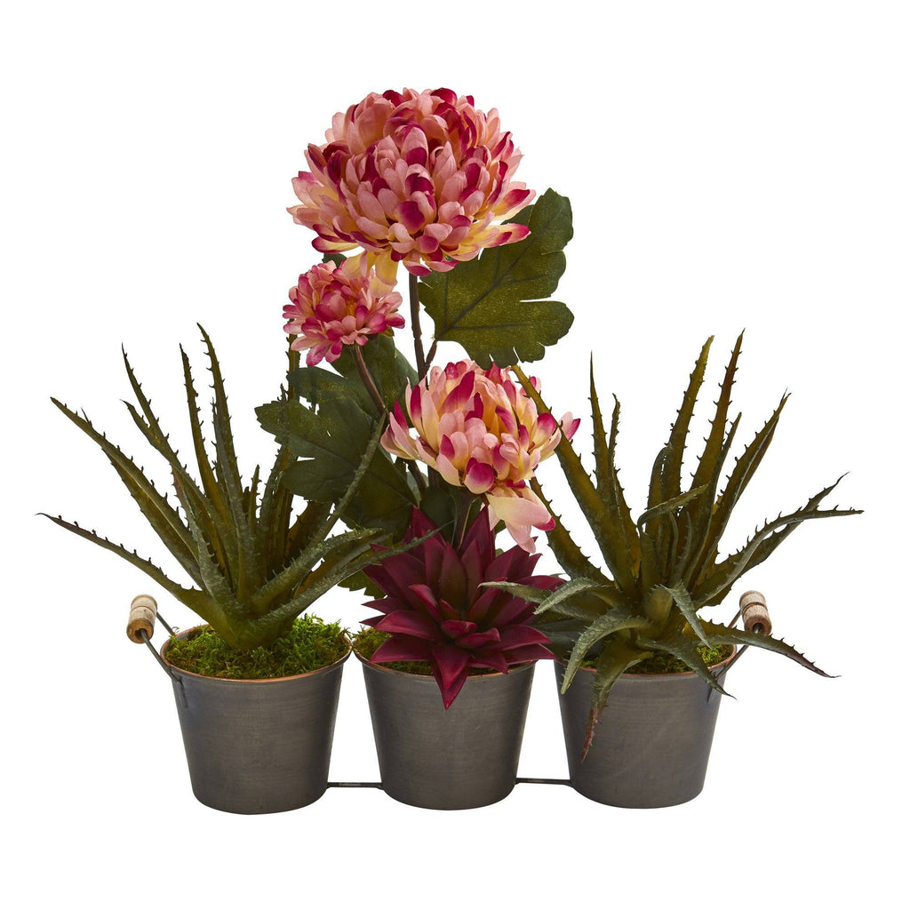 16” Mum and Succulent Artificial Arrangement in Trio Metal Planter