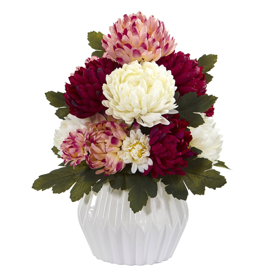 16” Mum Artificial Arrangement in White Vase