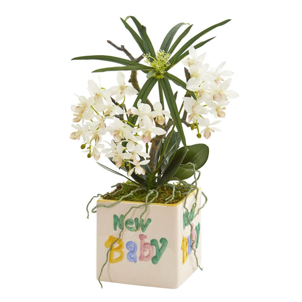 16” Orchid Phalaenopsis and Cyperus Artificial Arrangement in “New Baby” Vase