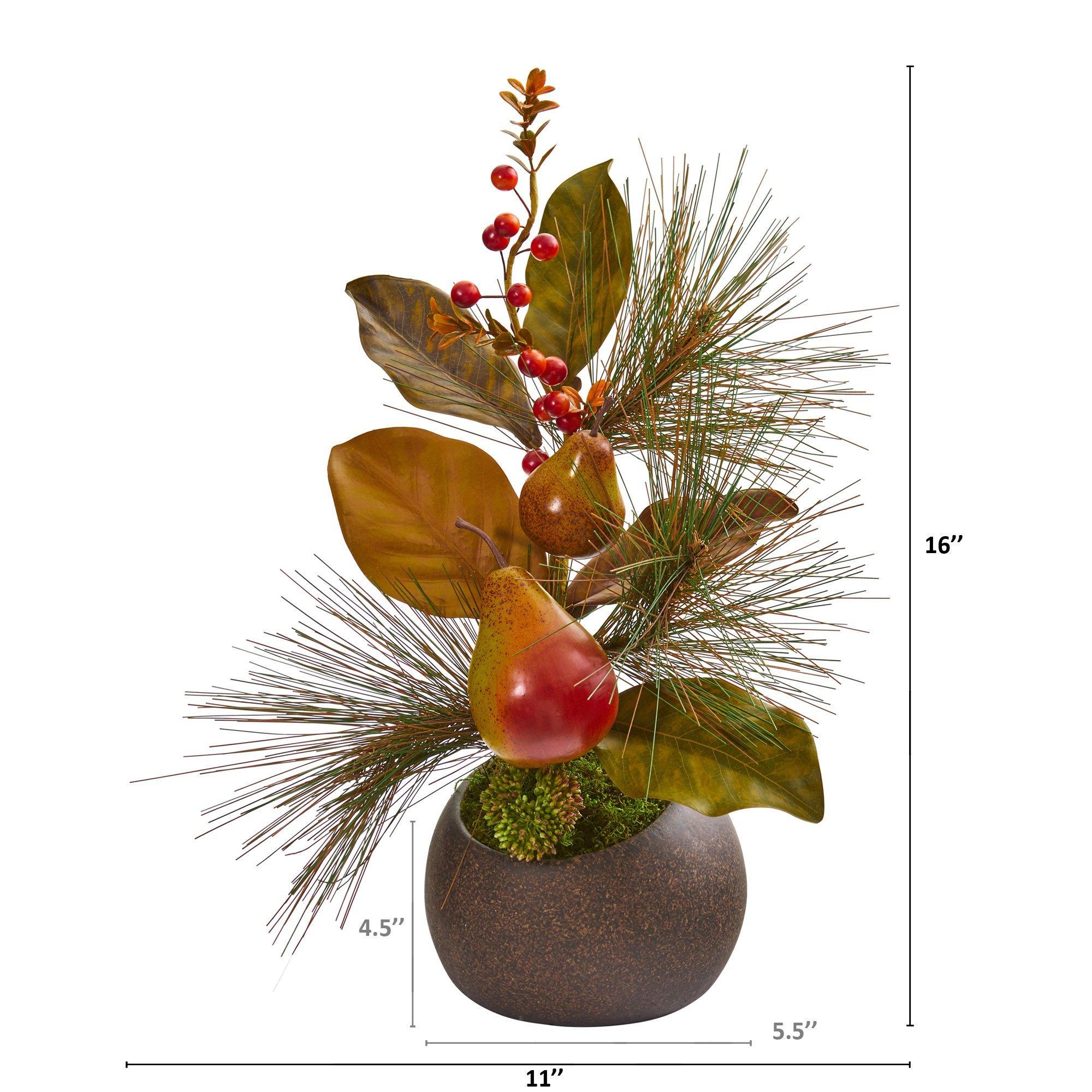 16” Pear, Pine and Magnolia Leaf Artificial Arrangement in Stone Vase