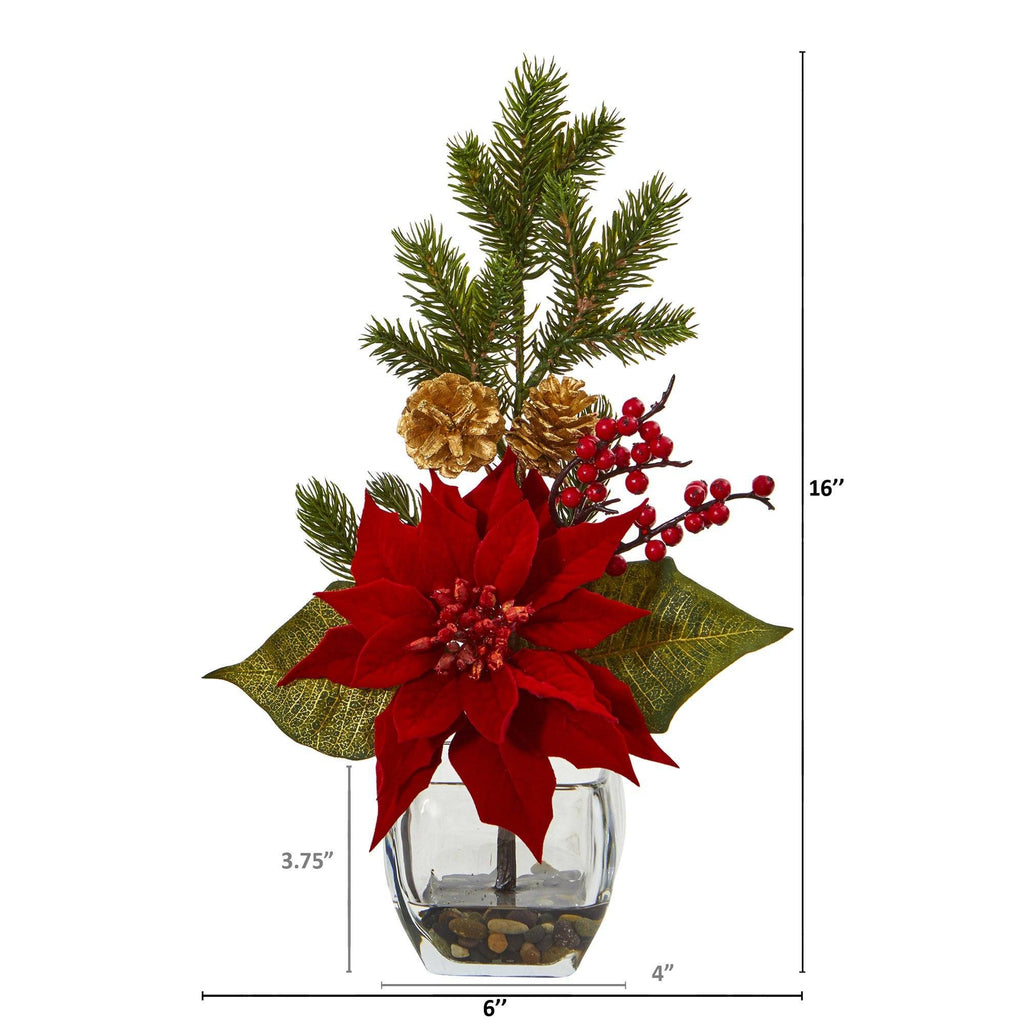 16" Poinsettia, Berry and Pine Artificial Arrangement in Vase"