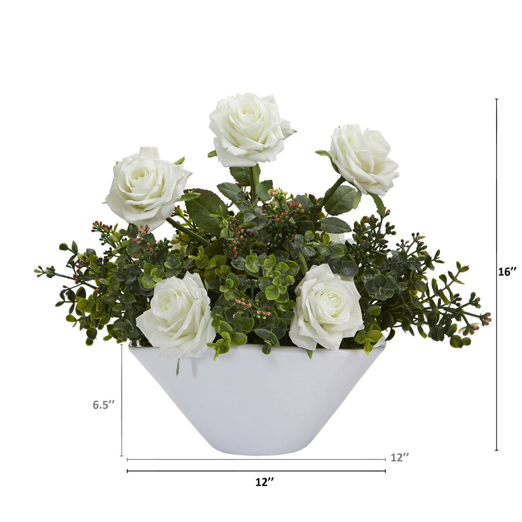 16” Roses and Eucalyptus Arrangement in White Vase