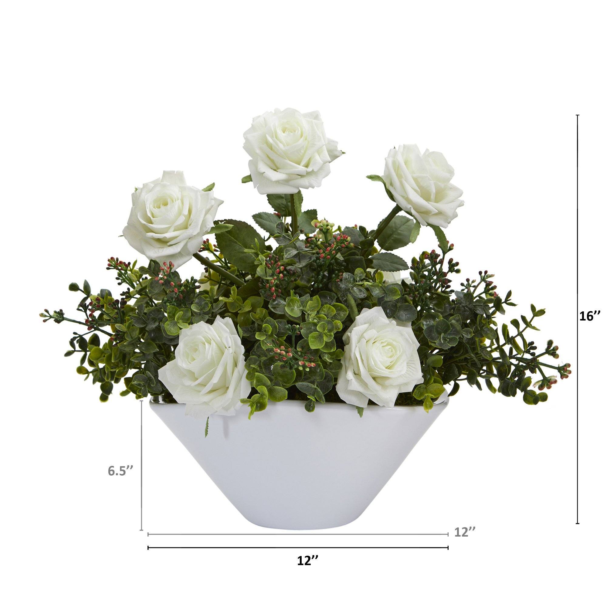 16” Roses and Eucalyptus Arrangement in White Vase