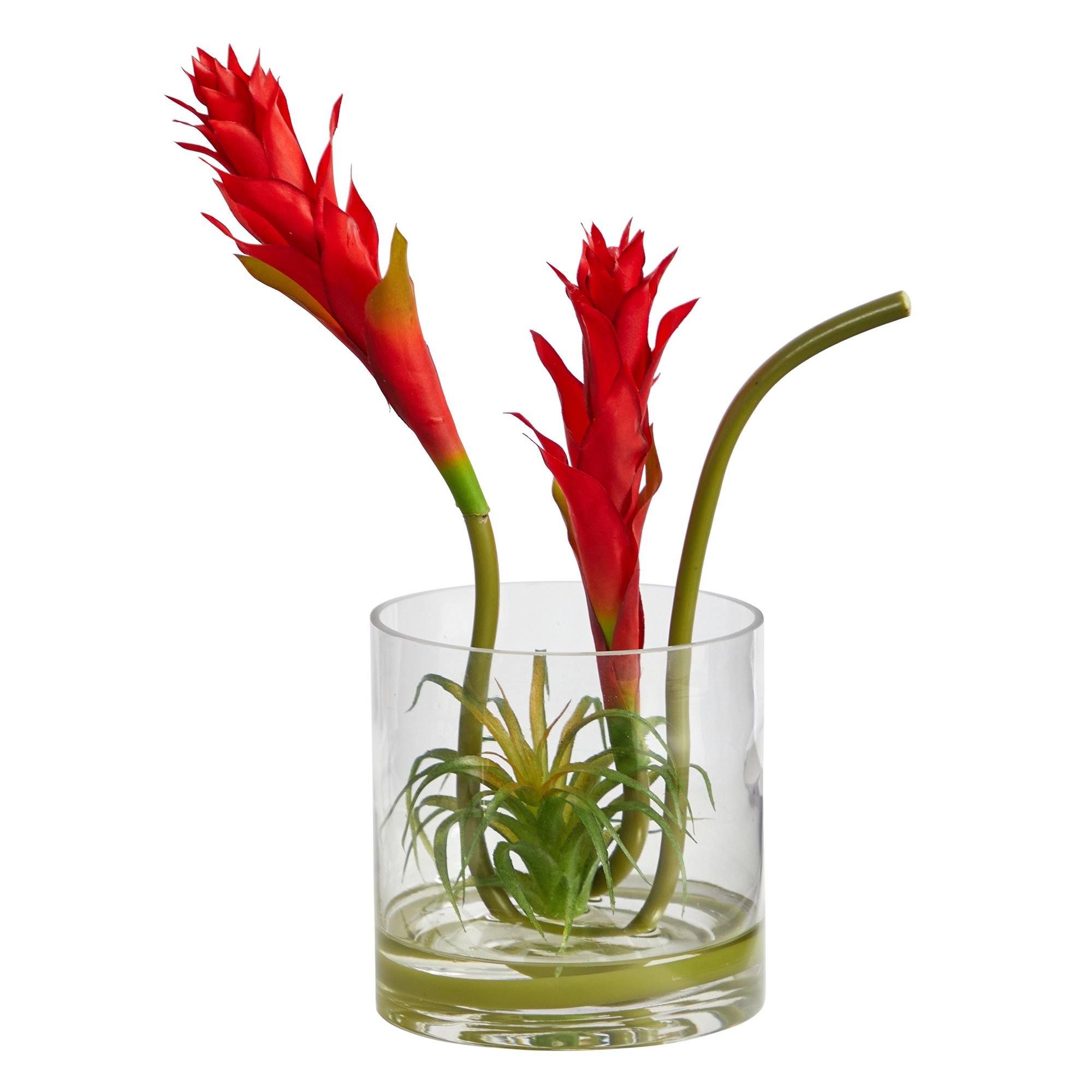 16” Star Bromeliad Artificial Arrangement in Cylinder Glass Vase