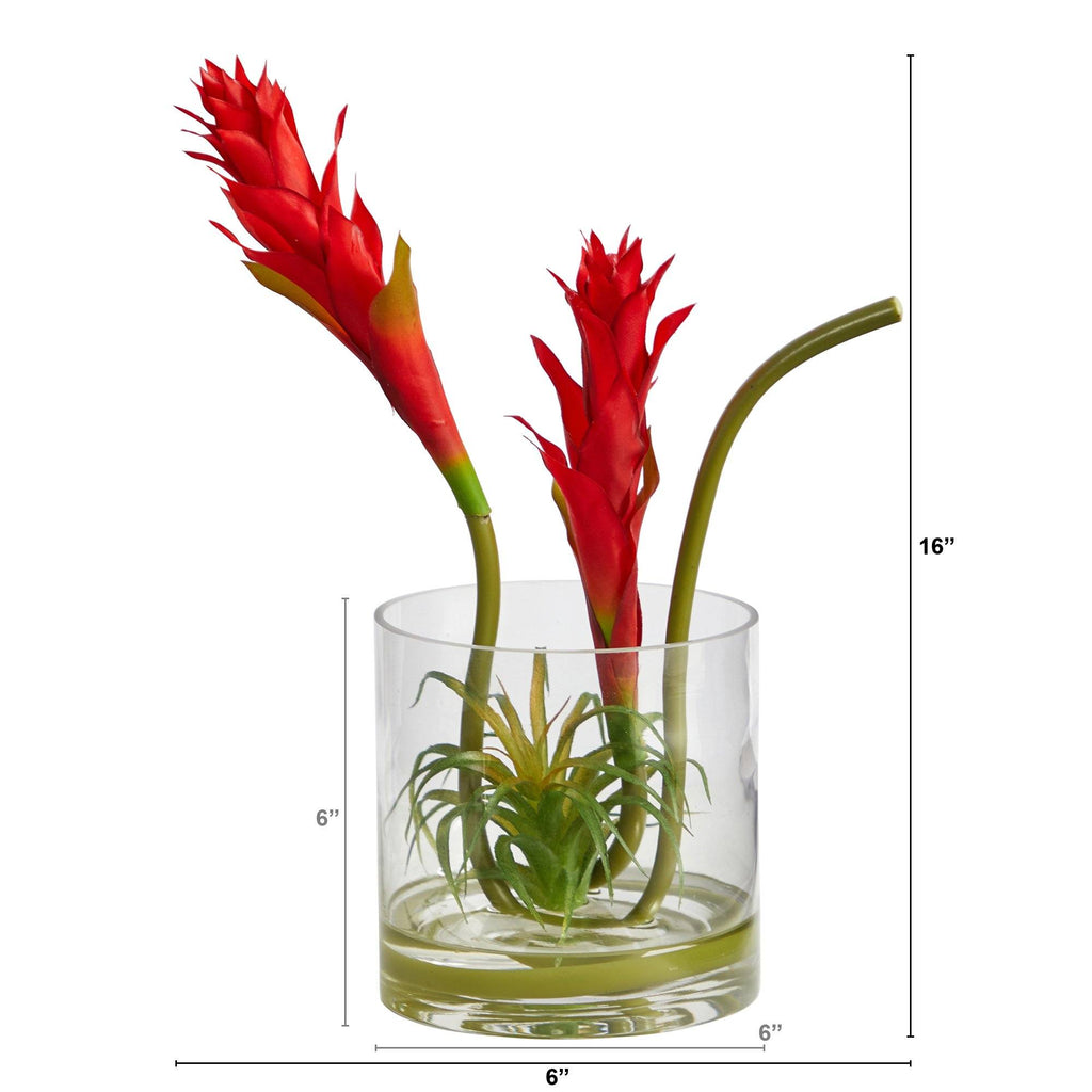 16” Star Bromeliad Artificial Arrangement in Cylinder Glass Vase