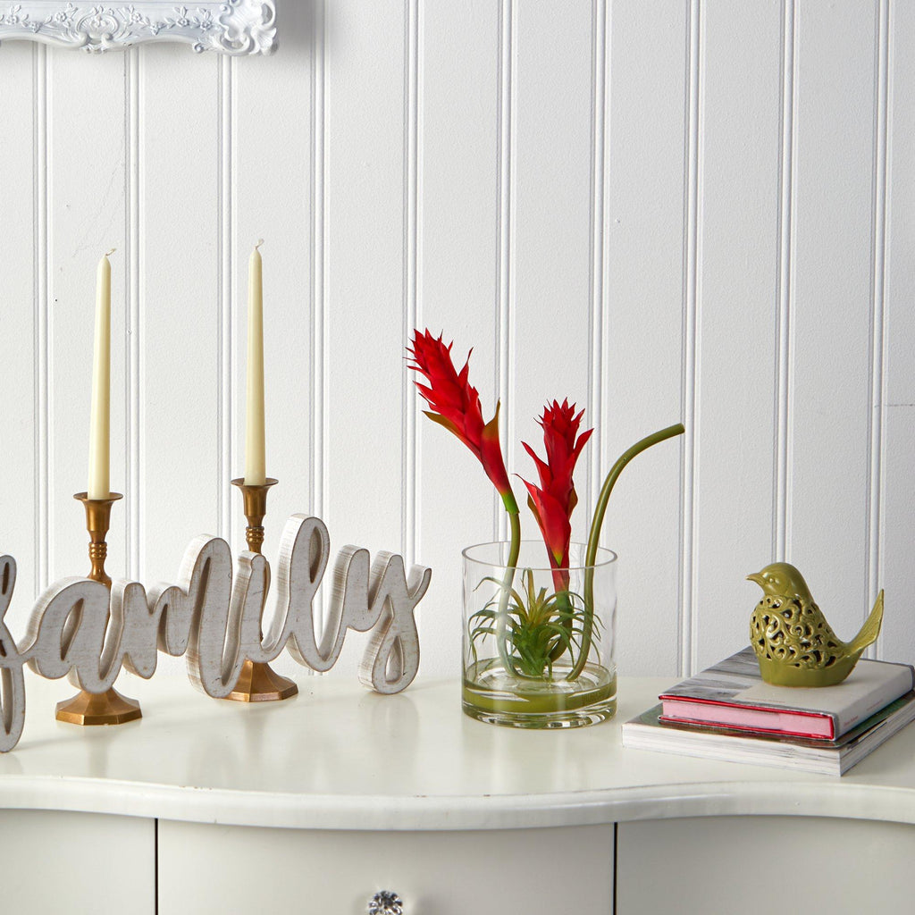 16” Star Bromeliad Artificial Arrangement in Cylinder Glass Vase