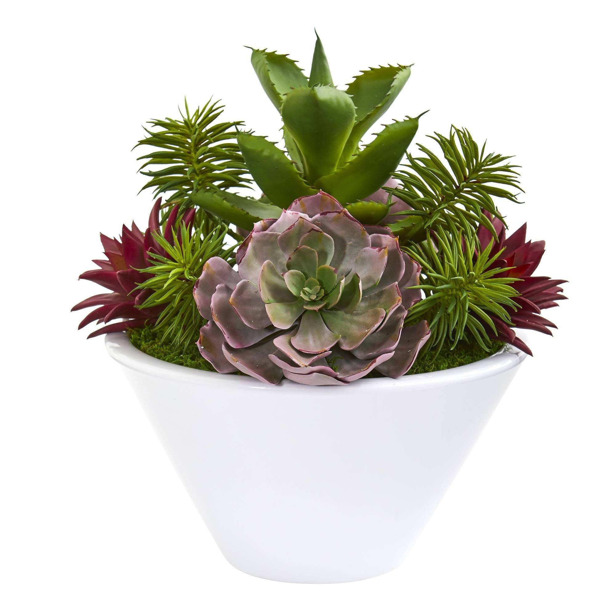 16” Succulent Garden Artificial Plant in White Bowl Vase
