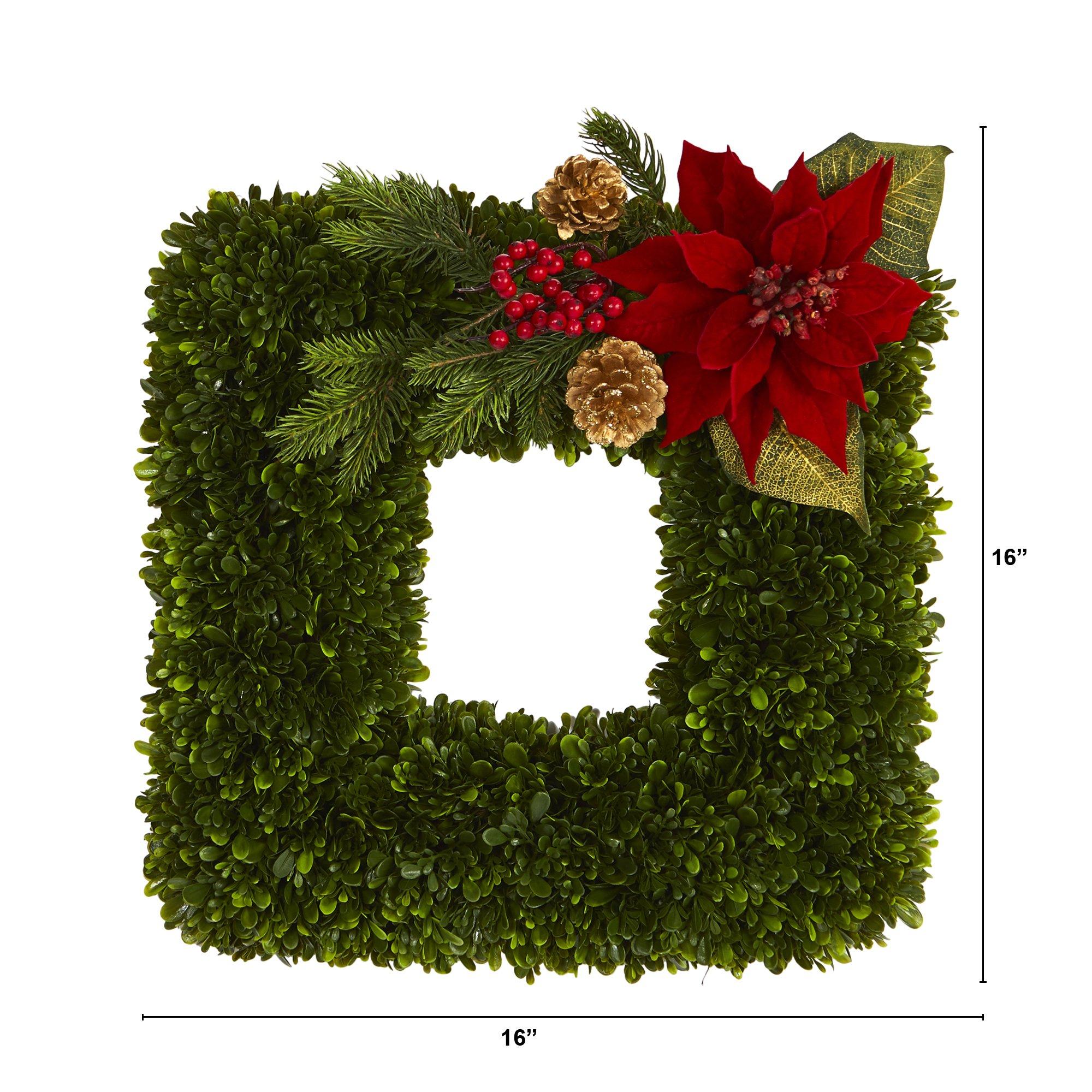 16” Tea Leaf and Poinsettia Artificial Square Wreath