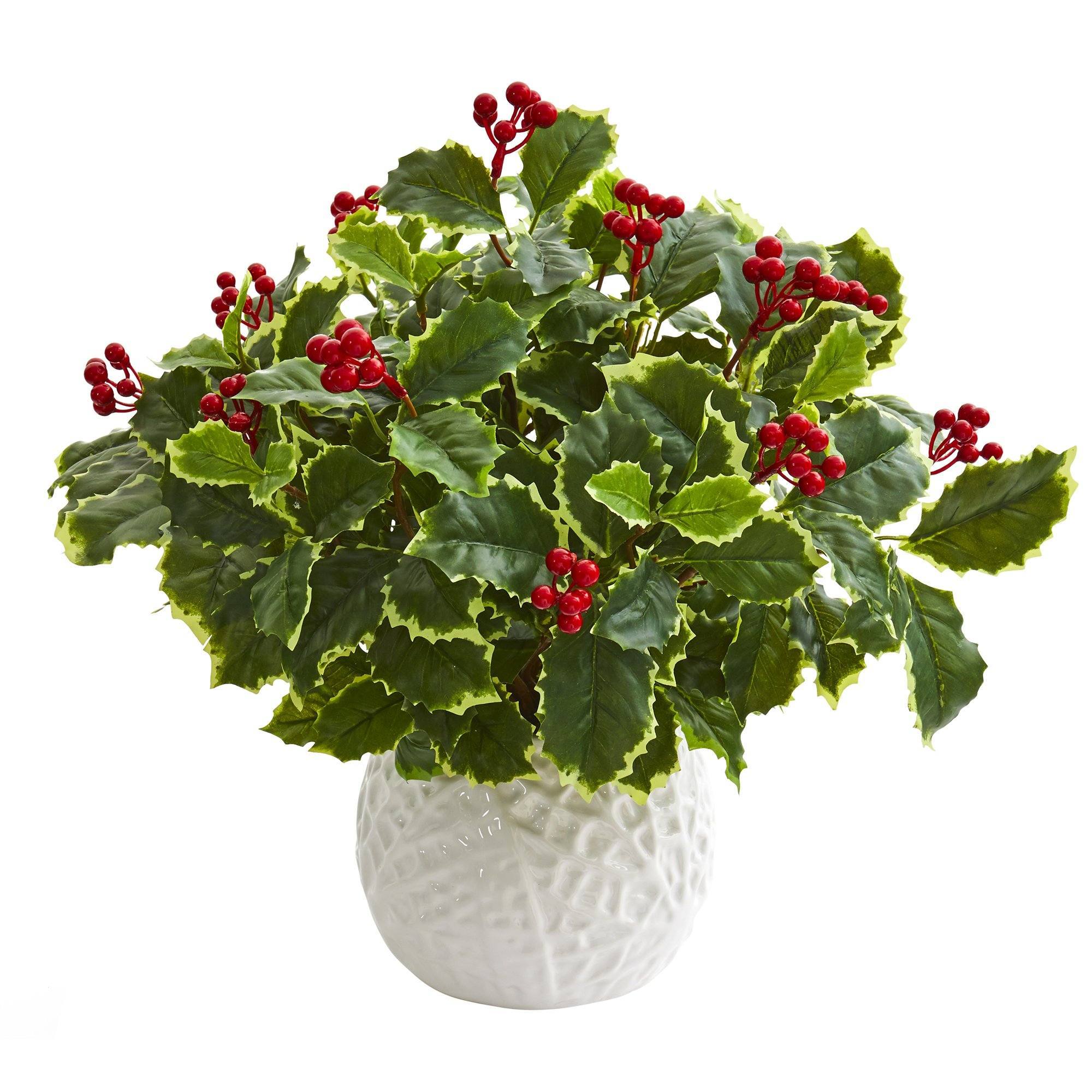 16” Variegated Holly Artificial Plant in White Planter (Real Touch)