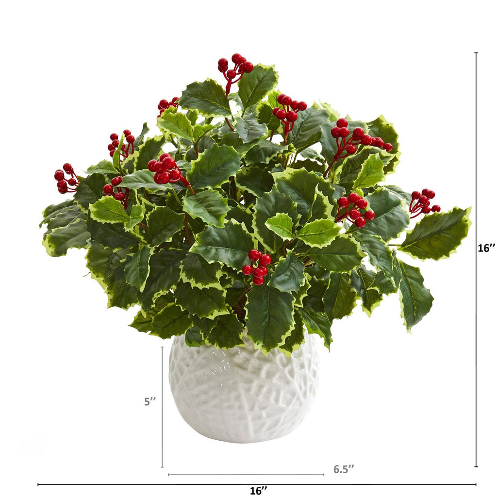 16” Variegated Holly Artificial Plant in White Planter (Real Touch)