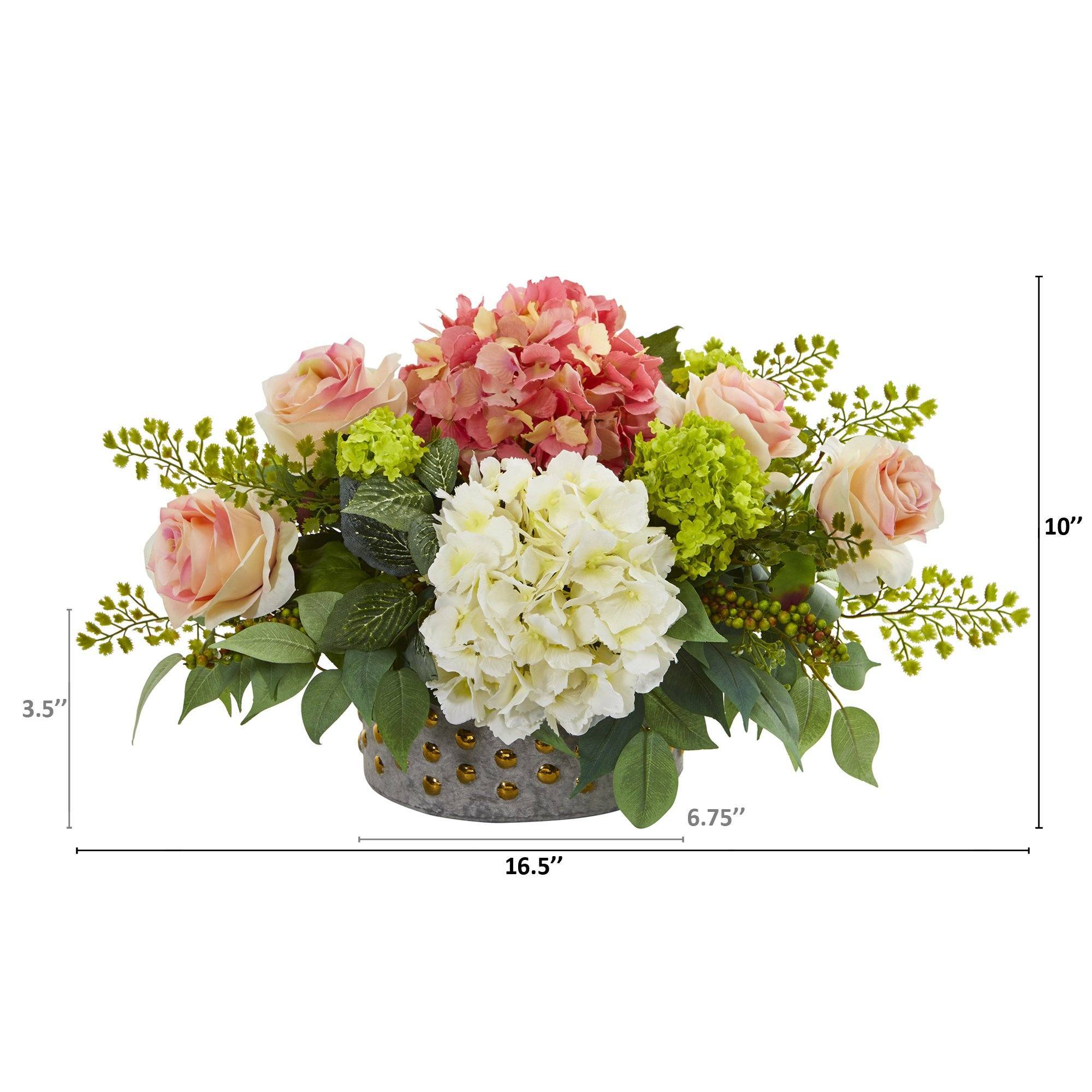 16.5” Rose, Hydrangea and Maiden Hair Artificial Arrangement in Bowl with Gold Trimming