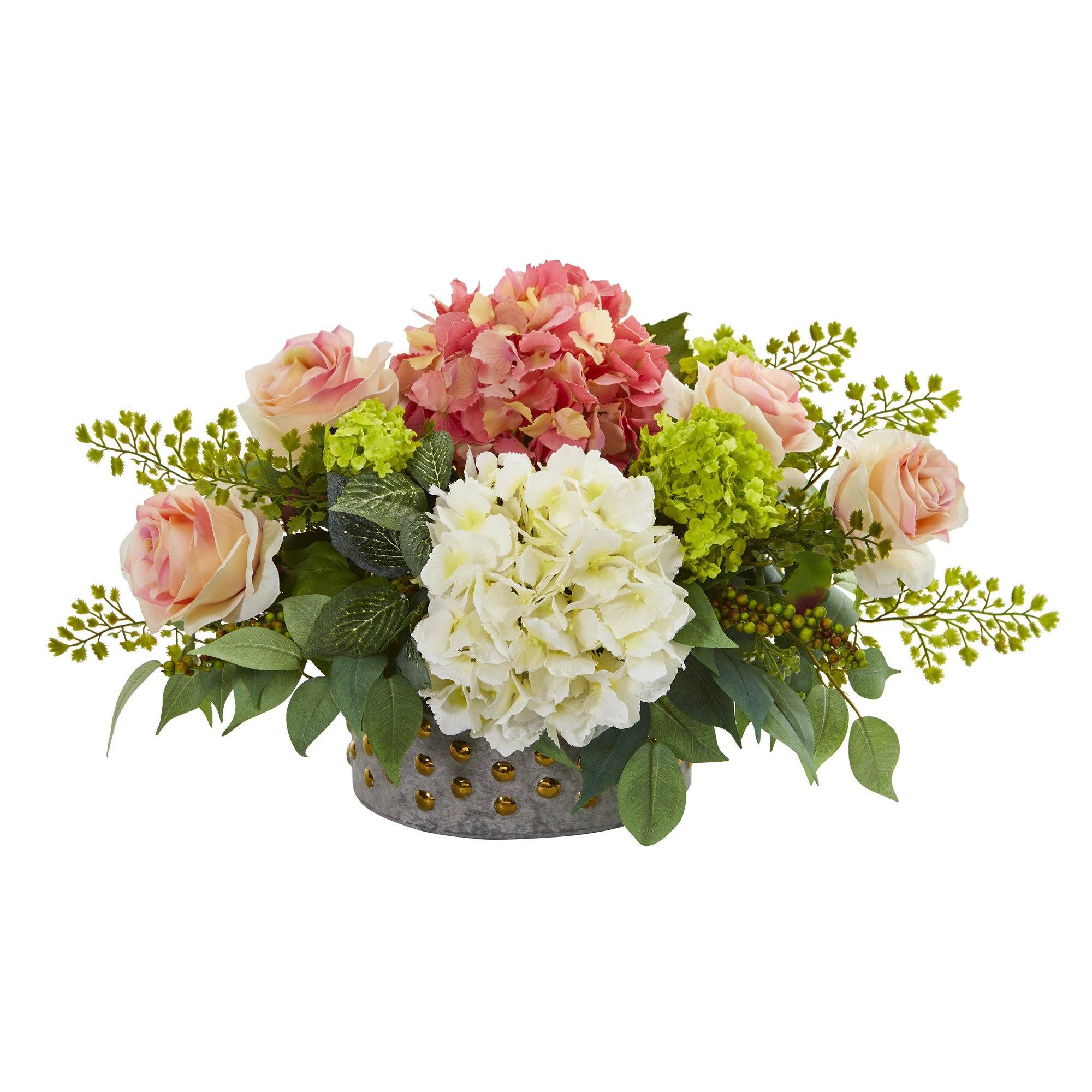 16.5” Rose, Hydrangea and Maiden Hair Artificial Arrangement in Bowl with Gold Trimming