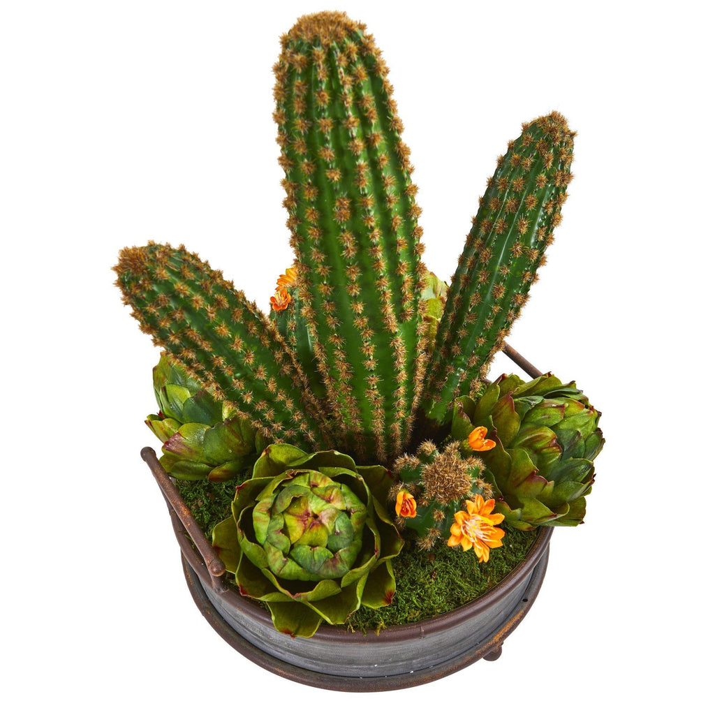 17” Cactus and Artichokes Garden Artificial Plant in Metal Planter