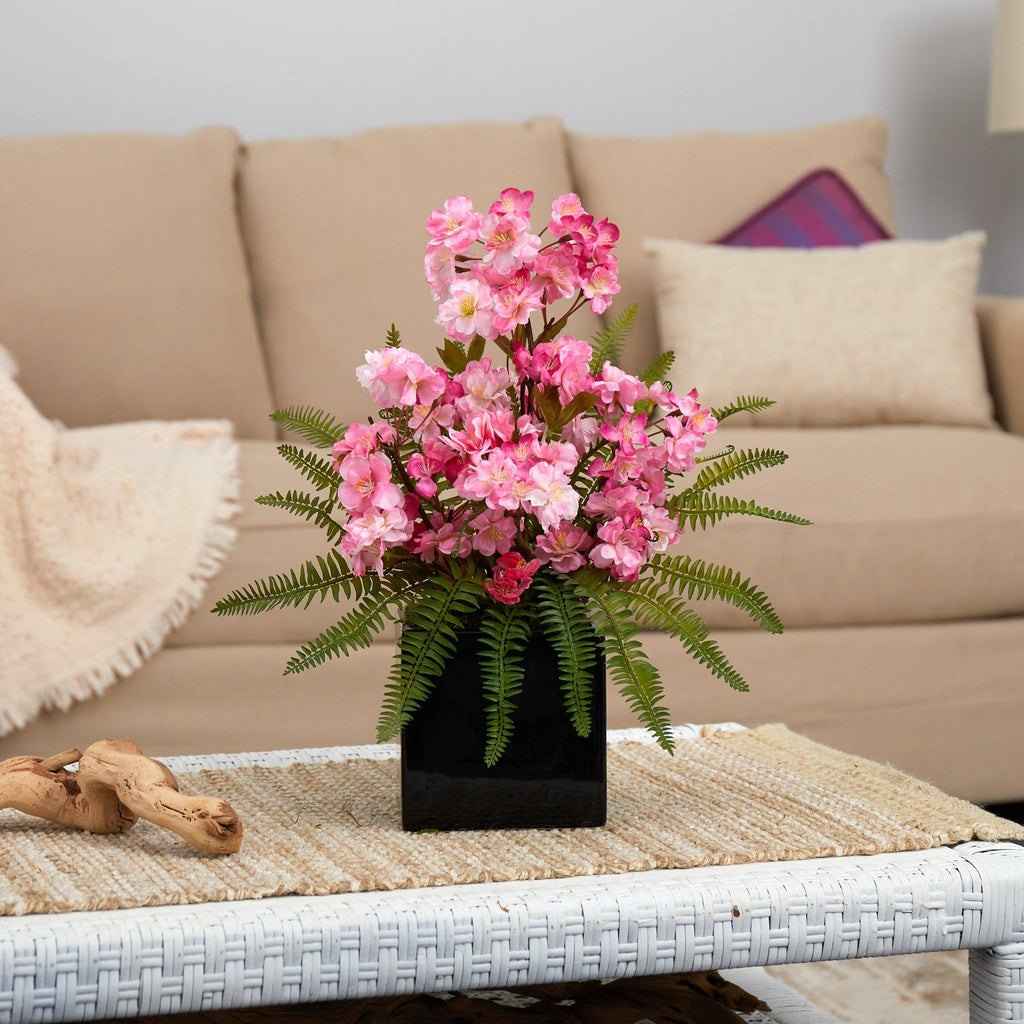 17” Cherry Blossom and Fern Artificial Arrangement in Black Vase