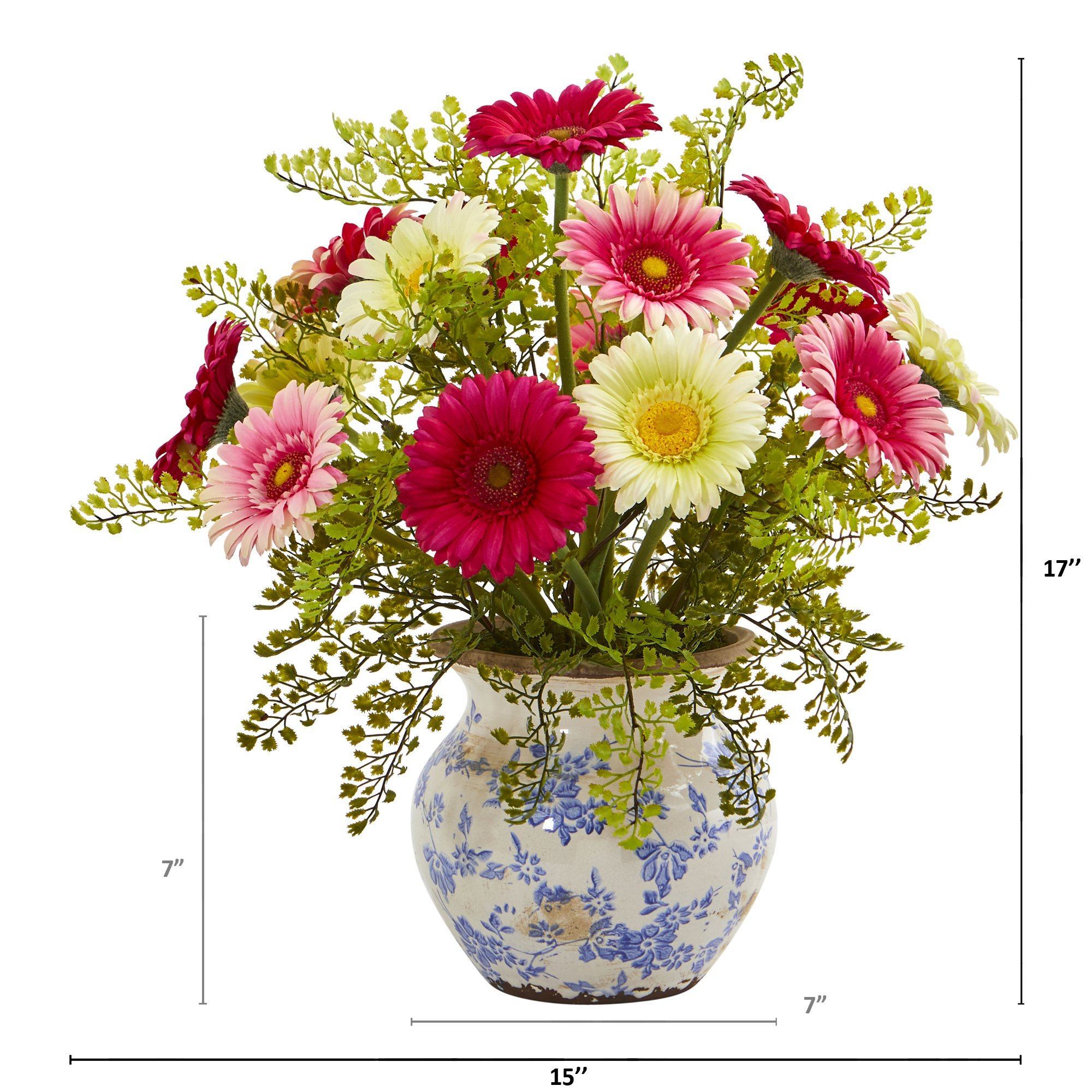 17” Silk Gerber Daisy and Silk Maiden Hair Flower Arrangement in Vase